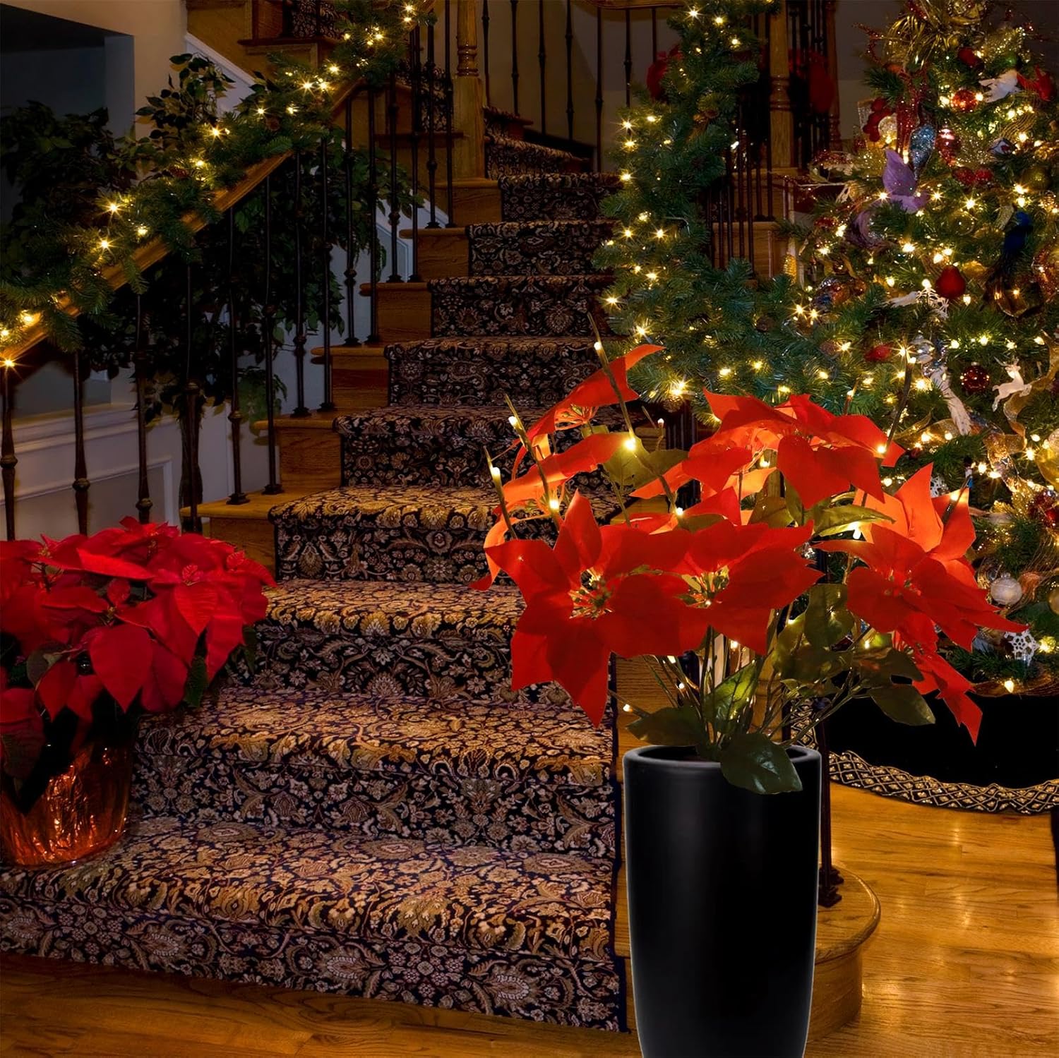 Christmas Decorations Set for Home Indoor Outdoor, Christmas Artificial Red Poinsettia Flowers Bouquet with Lighted Tree Twig Branches Light, Battery Operated with Timer, Decorative Sticks Vase Filler