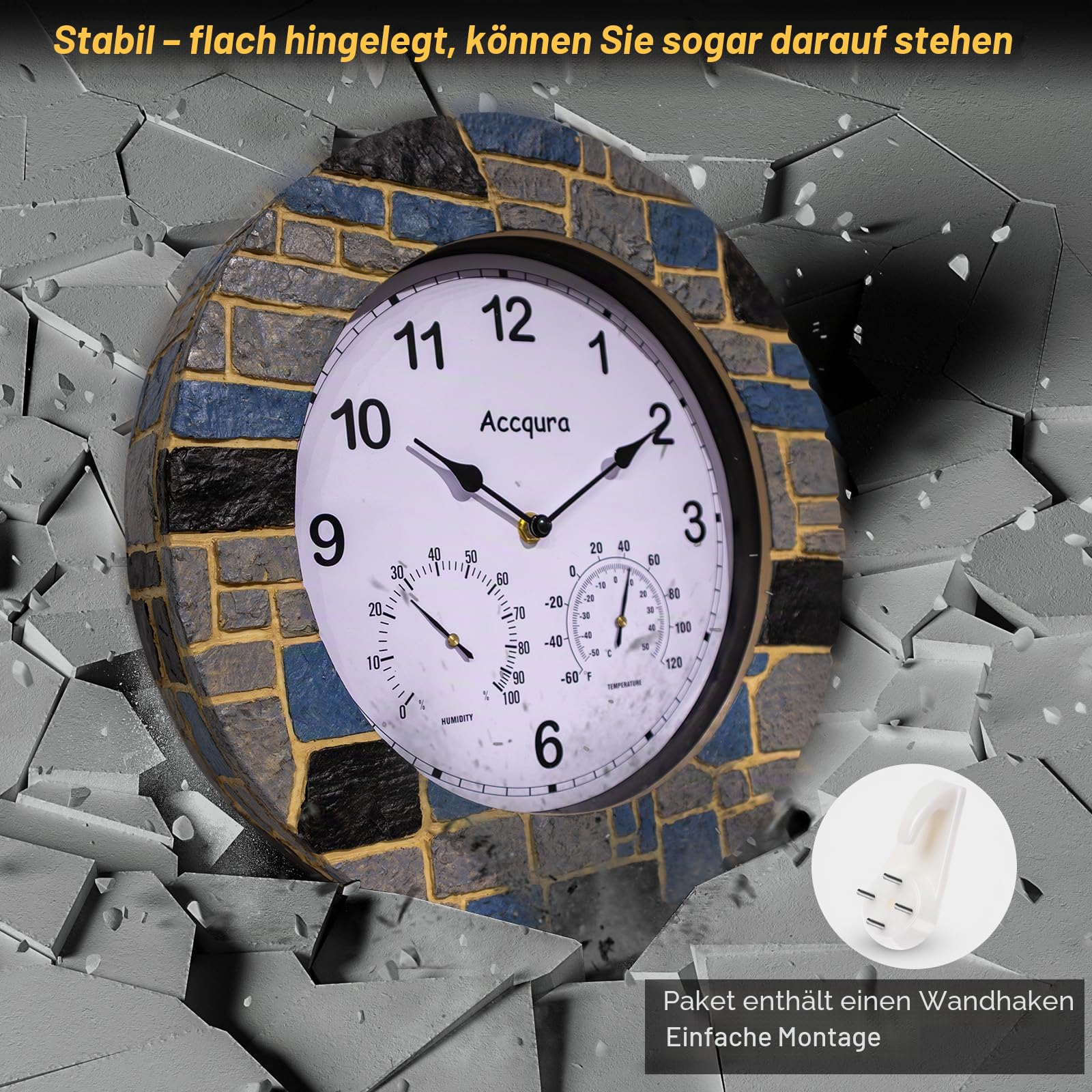 Outdoor Gartenuhr Wanduhren im Freien Echter Kunststein mit wasserdichtem Innendekor mit Thermometer und Hygrometer für Veranda Terrassenzaun Hinterhof Pool Badezimmer Küche 33 Zentimeter