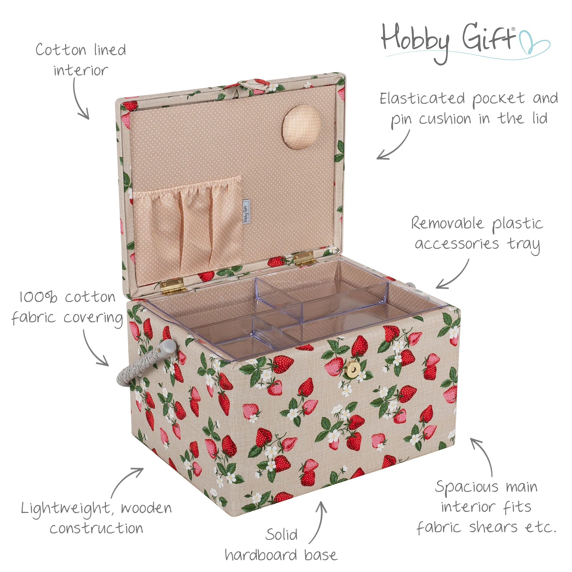 Hobby Gift Nähkästchen Groß mit Griff - Nähkorb aus Baumwolle mit Fächern für Nähzubehör & Werkzeug - Aufbewahrungsbox für Handarbeit - 23,5 x 31 x 20 cm, Erdbeeren