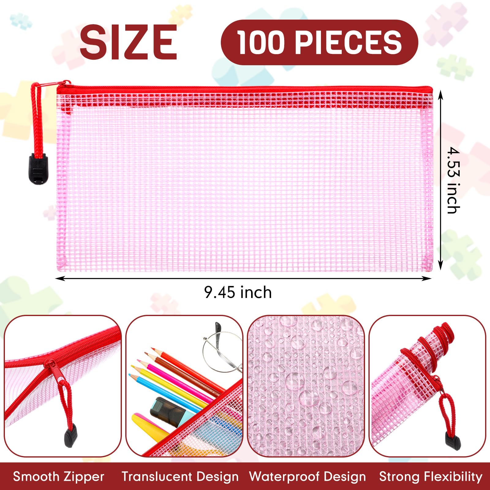 Handepo Confezione da 100 sacchetti in rete con cerniera, trasparenti, piccoli, impermeabili, multiuso, per contanti, giochi, passaporto, ufficio (A6/24 x 11,5 cm, rosso)