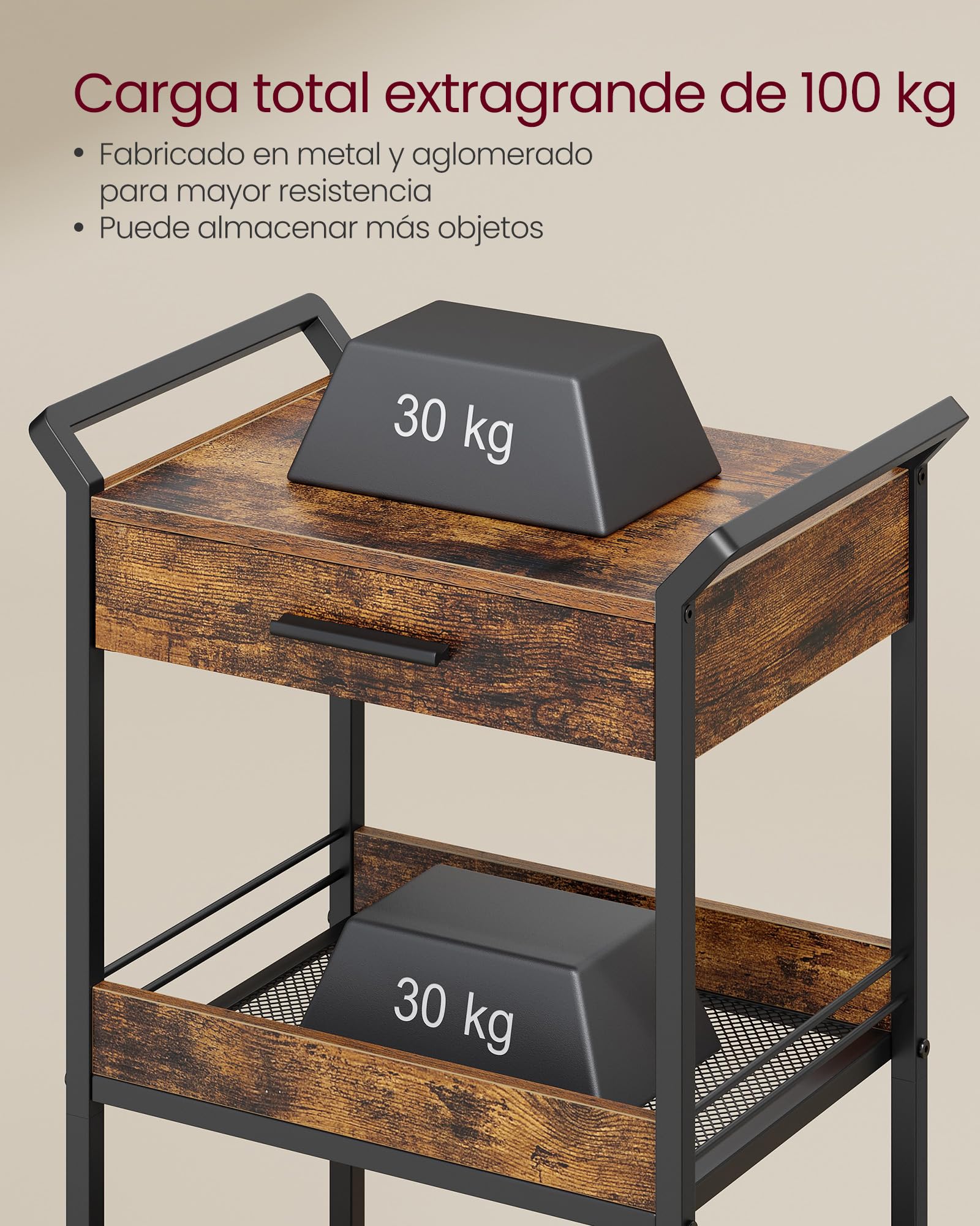 VASAGLE Carro de Almacenamiento, Carro Rodante de 3 Niveles, Aglomerado, con Freno, Cajón Superior, Estantes, para Cocina, Baño, Dormitorio, Marrón Rústico y Negro Tinta LRC048K01