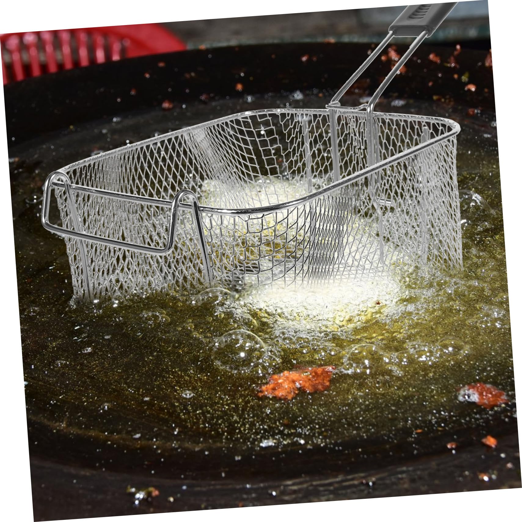 Mobestech Cesta para Freír Cuadrada De Acero Inoxidable 25x25 Cm con Mango Ergonómico Antideslizante para Freidora Cocina Restaurante, Cesta De Patatas Fritas y Pollo Frito