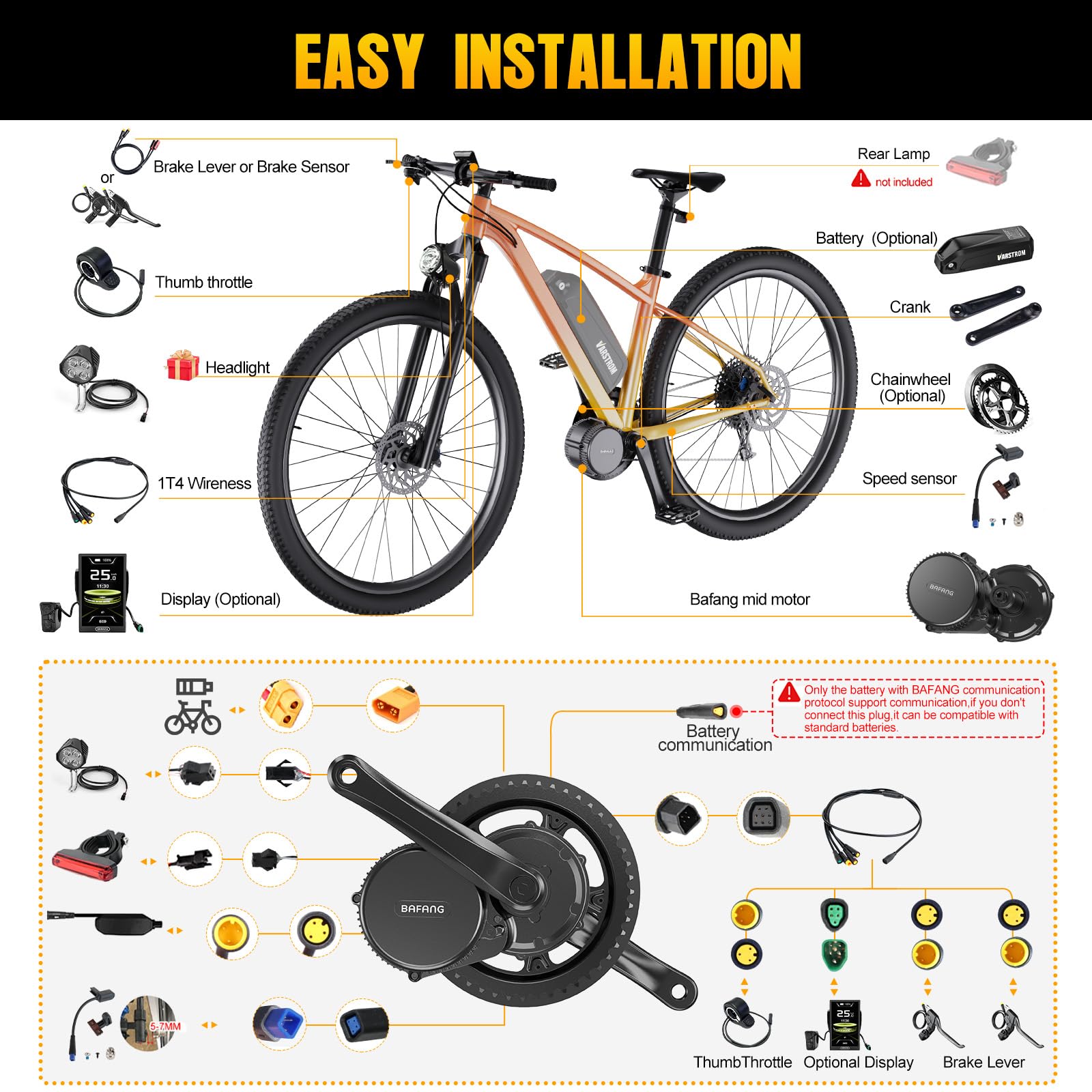 BAFANG Kit Conversione Bicicleta Electrica Mid Drive BBS01B BBS02B BBS-HD con Display & Batteria Opzionali, per BB 68-73/100 /120MM, Kit Electrico Bicicleta 250W