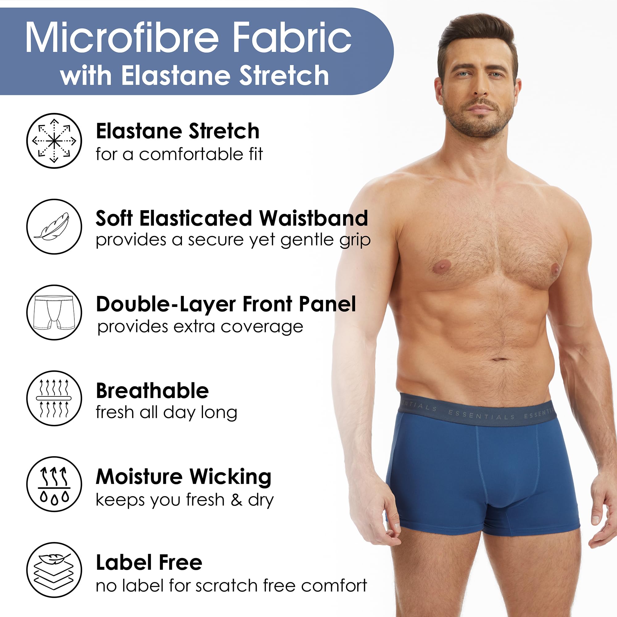 The Essentials Wardrobe Boxer da uomo in microfibra elasticizzata, con comoda fascia elastica in vita, traspirante, senza etichette, comfort a doppio strato, pannello frontale