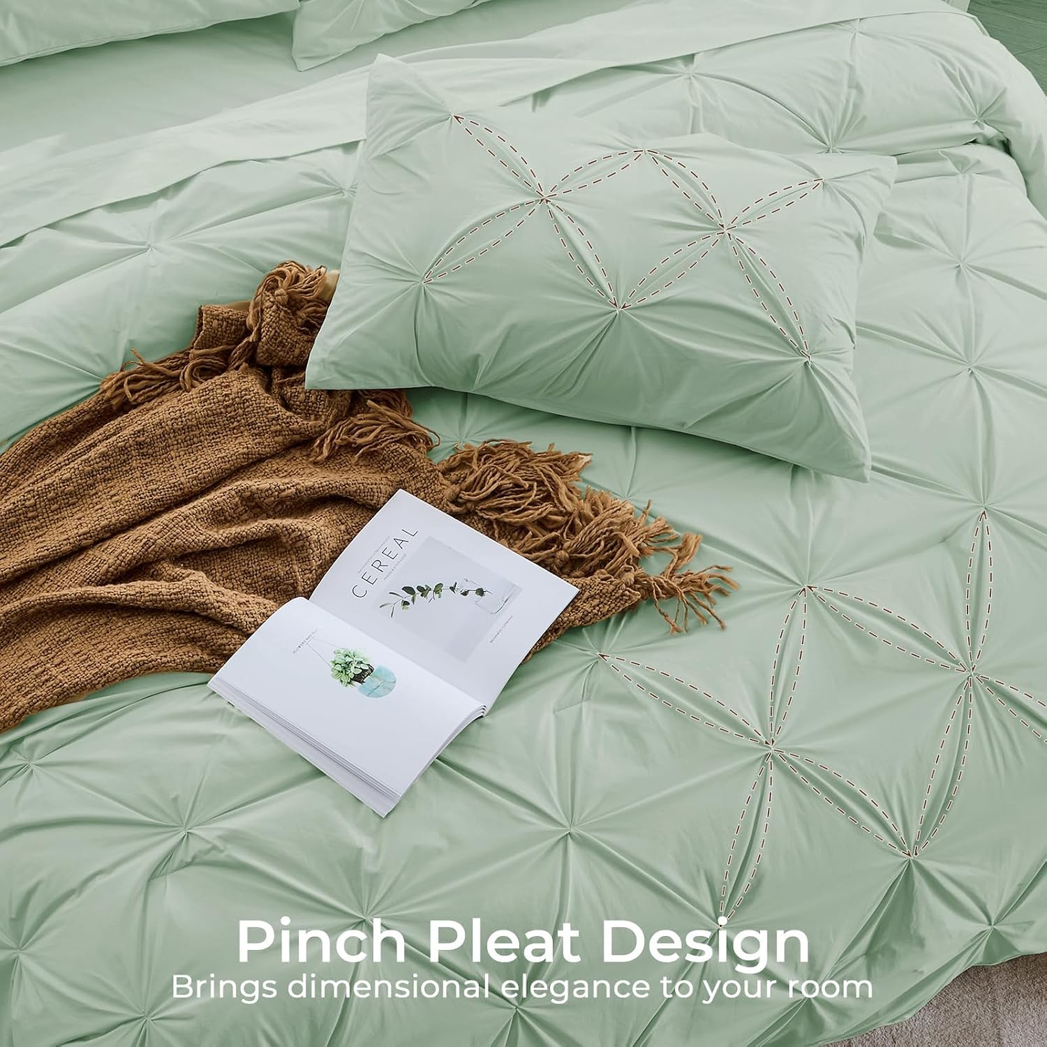 Sasttie Twin Comforter Set, 5-Piece Bed in a Bag, Pintuck Bedding Sets for All Season, Includes Comforter, Flat Sheet, Fitted Sheet, Pillowcase and Pillowsham, Light Sage Green thumbnail