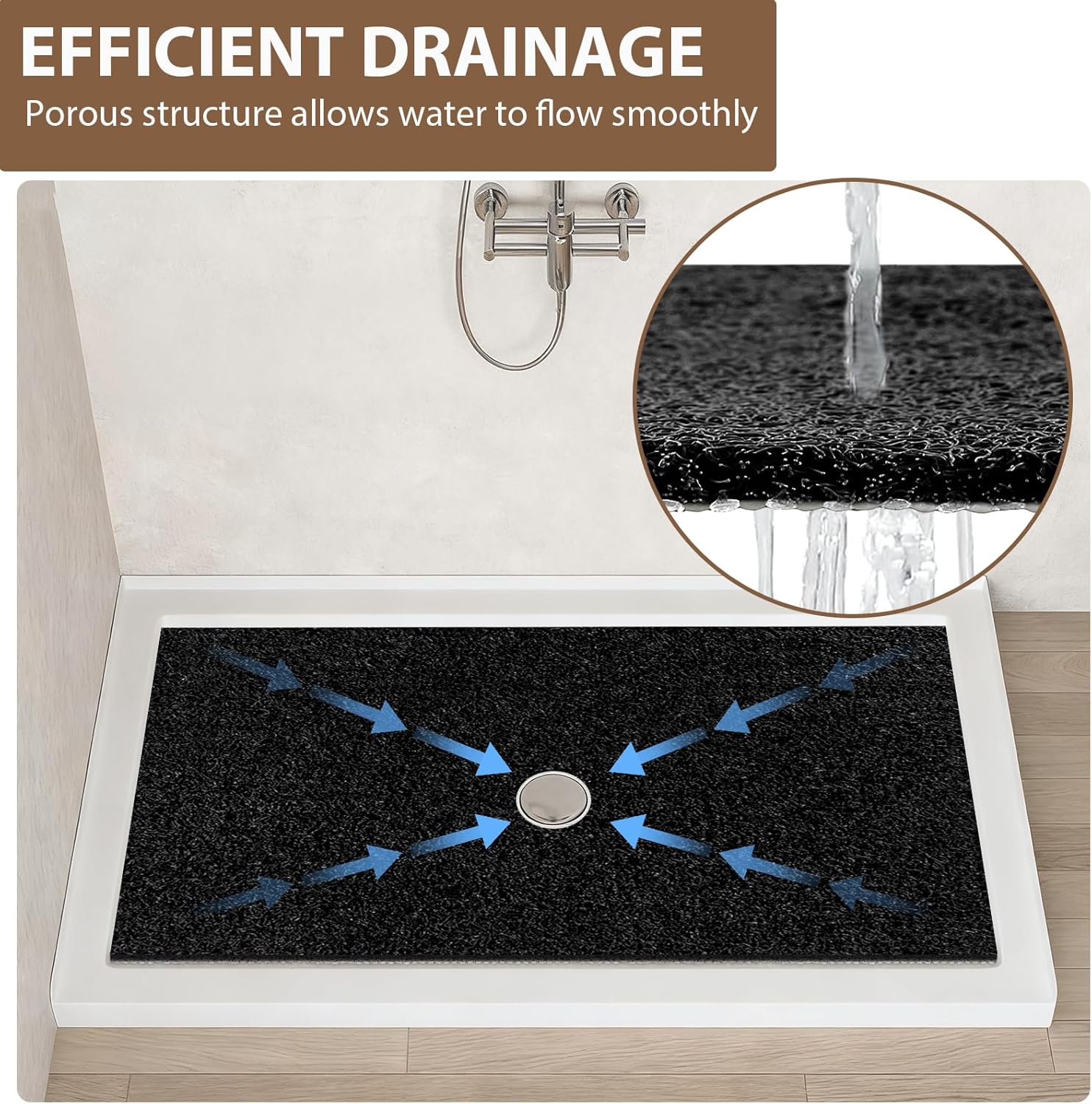 Large Non Slip Shower Mat: 32x24 inch Loofah Shower Mat for Inside Shower with Drain Hole in Middle, Soft PVC Anti-Slip Shower Stall Mats for Bathroom,Wet Area, Quick Drying