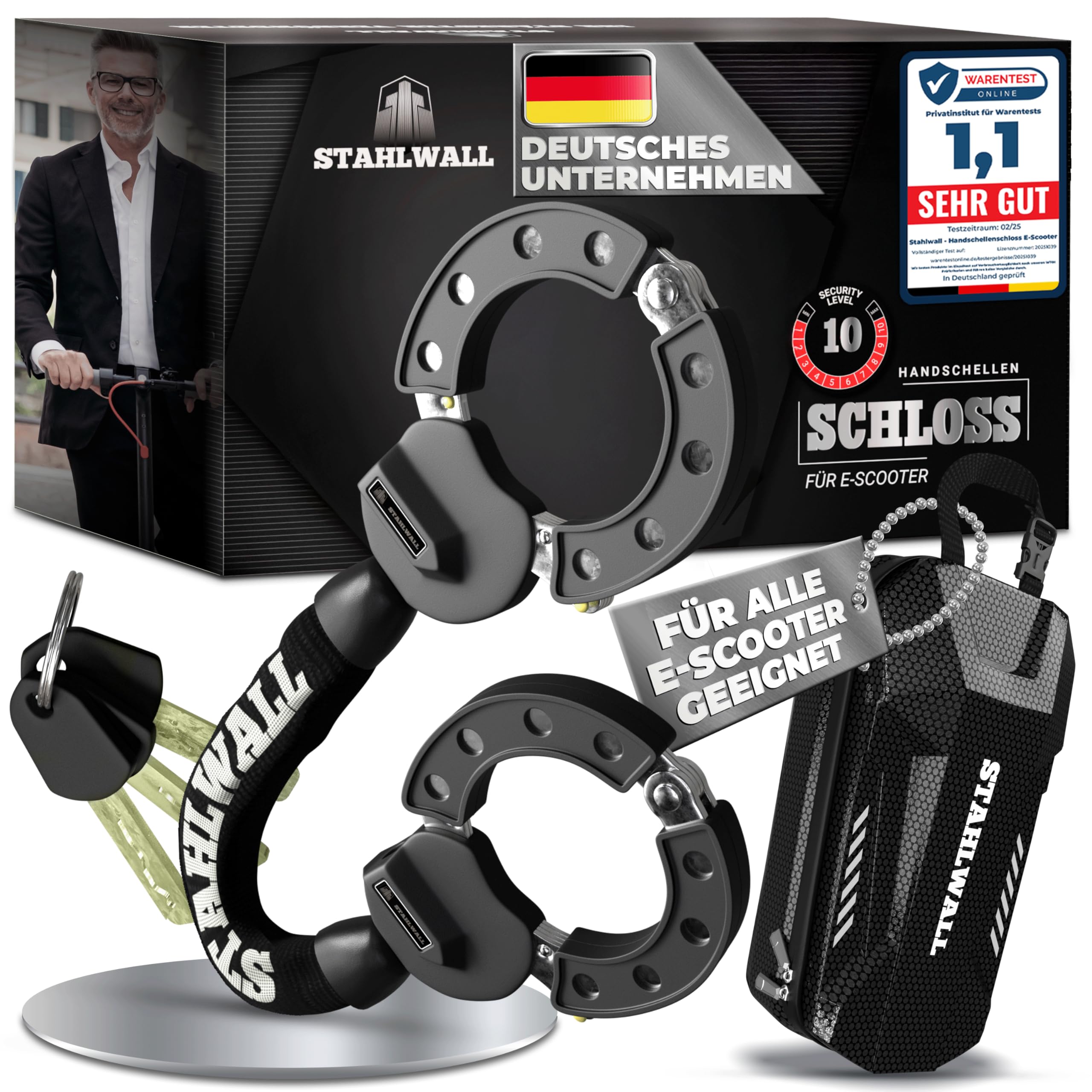 STAHLWALL E Scooter Schloss mit Tasche - maximale Sicherheit, feuergehärteter Stahl, Handschellenschloss für E Roller & Fahrrad