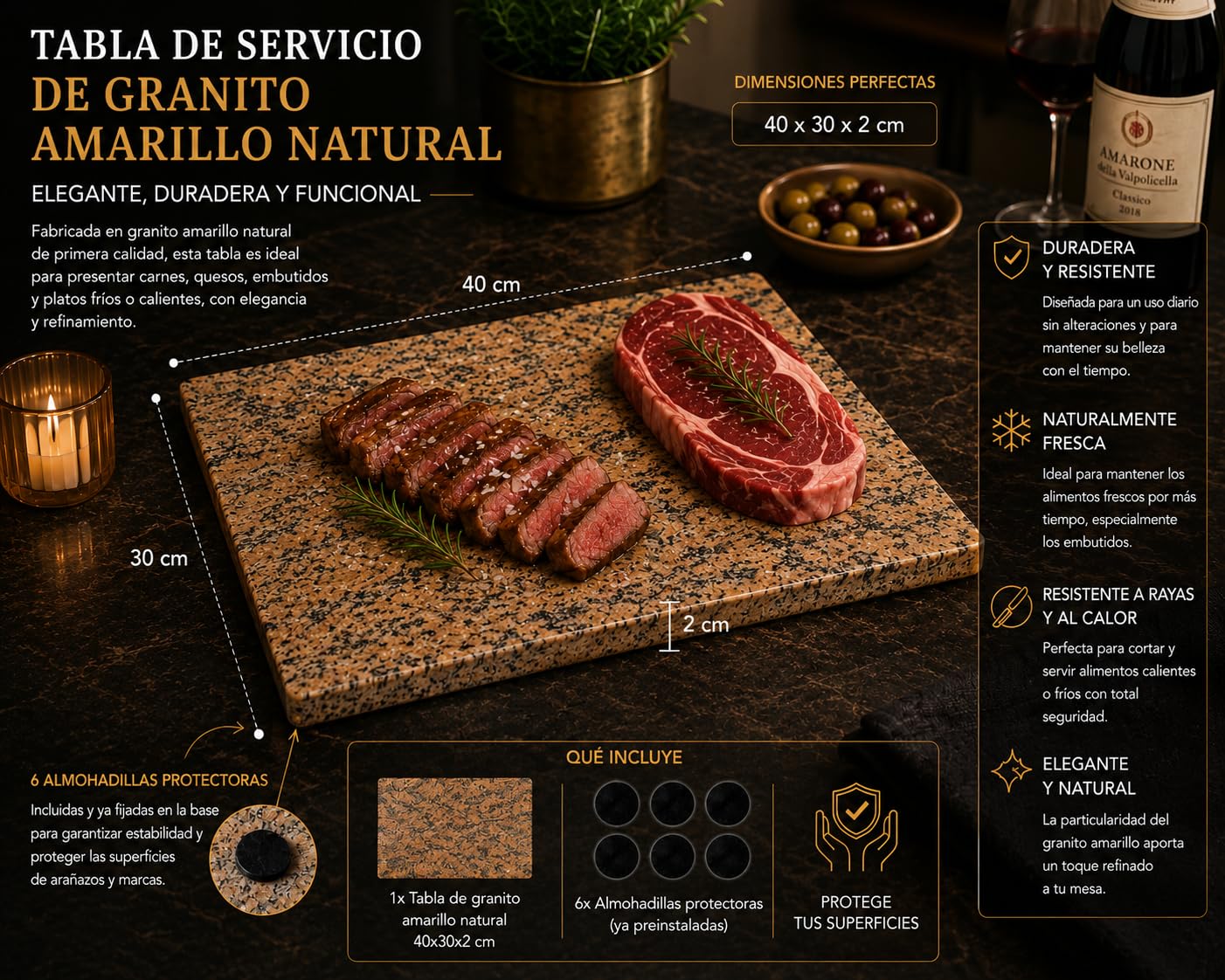 Tabla de cortar de granito, 40 x 30 cm, piedra natural maciza, tabla para carne y queso, bandeja para servir aperitivos, fabricada en Italia Kalu Creations