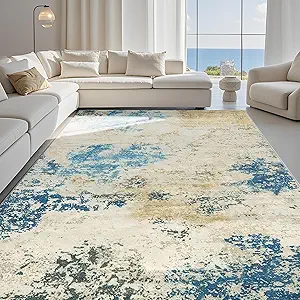 Carvapet 12x9 Area Rug for Living Room Bedroom – Washable 9 x 12 Blue Modern Abstract Carpet, Low Pile, Non-Slip, Foldable Large Area Rug with Rubber Backing