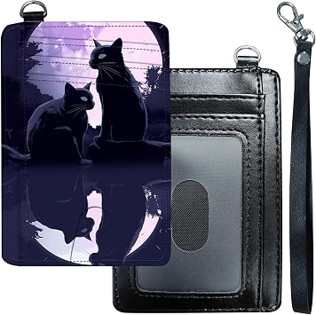 Slim Minimalist Wallet for Men Women Small Credit Card Holder Wallet Front Pocket RFID Blocking Wallets Travel Thin Card Case with ID Window Card Organizer & Wristlet,Black Cat and Moon
