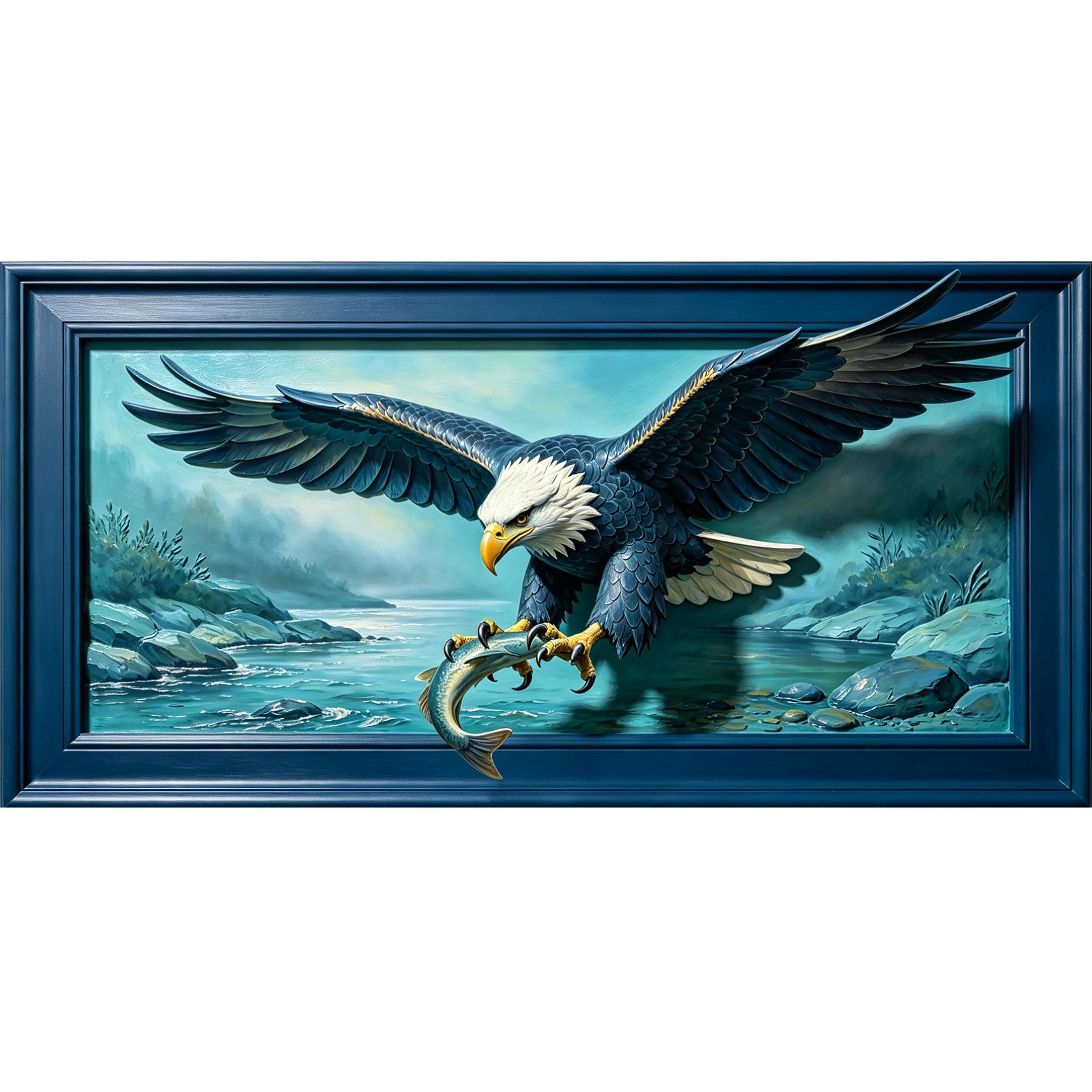 Agglomerix 3D Framed Wall Art Bald Eagle Wildlife River Mountain 3D Relief Large Size Self-Adhesive Removable Wall Decor Prints Artwork for Living Room Bedroom Office