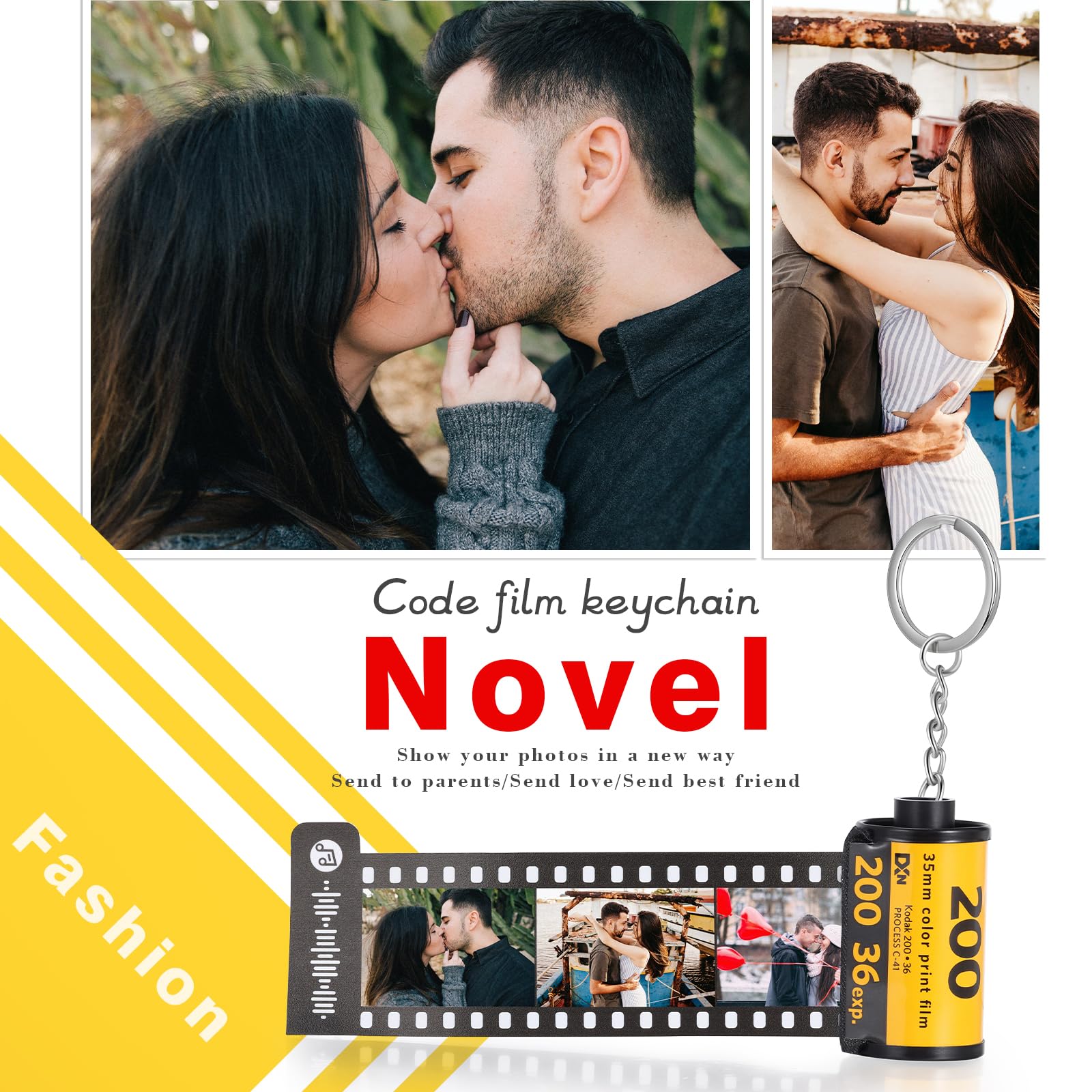 Jewelstruck Llavero personalizado con rollo de película fotográfica, llavero de cámara de fotos personalizado, regalos para novio, pareja, mejor amiga, 15 Fotos+código spotify, 47*25mm