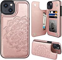 Vista 9 de MMHUO Funda para iPhone 14 con tarjetero y parte trasera magnética de flores para iPhone 14, funda protectora para iPhone 14, color oro rosa