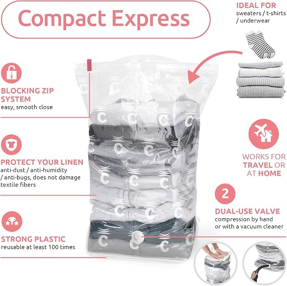 Compactor Compact Express Vacuum Compression Bag, Aspispace Collection, Medium Size, 30X20X50 cm, Transparent