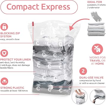 Compactor Compact Express Vacuum Compression Bag, Aspispace Collection, Medium Size, 30X20X50 cm, Transparent