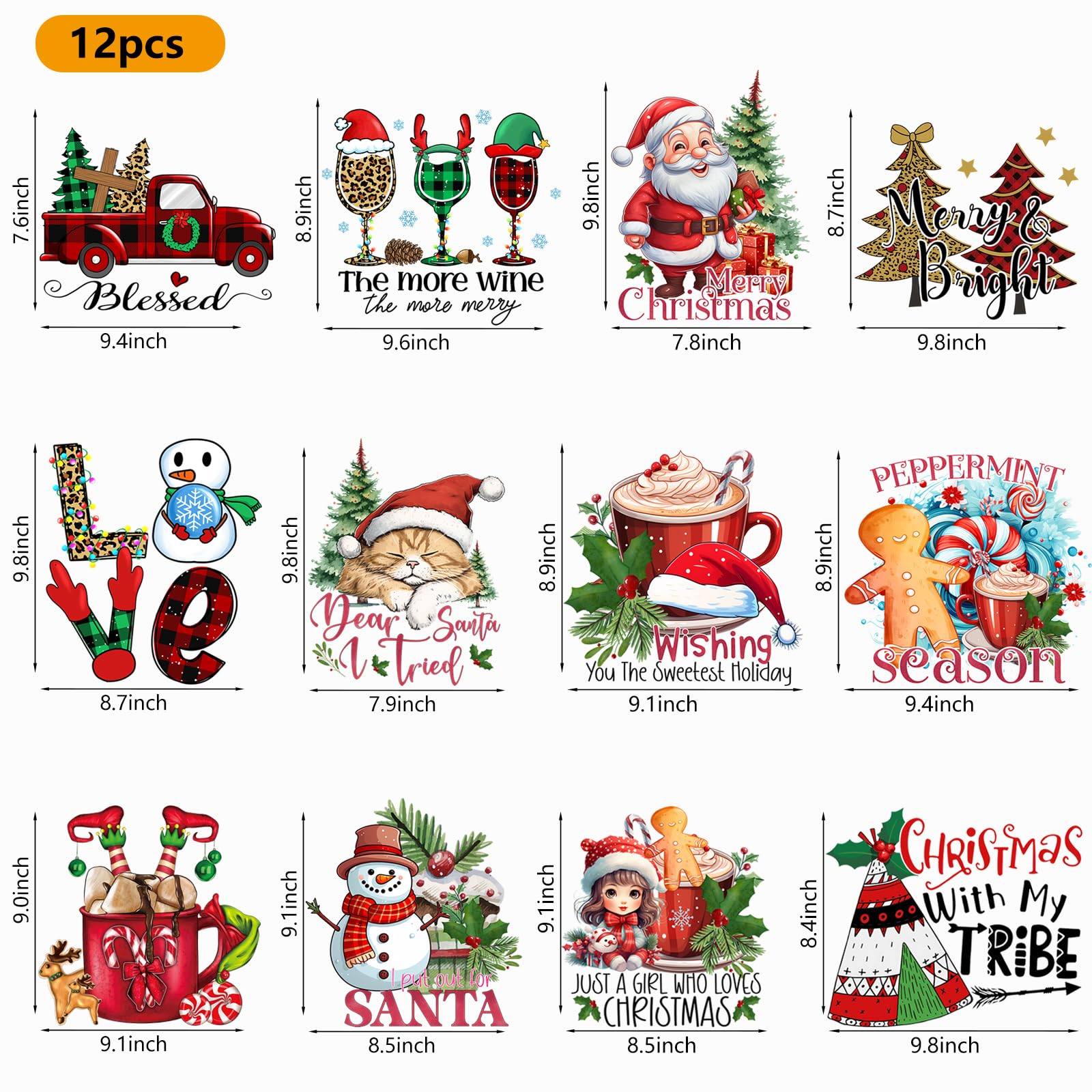 12 hojas de vinilo termotransferible de Navidad para camisetas, calcomanías navideñas para planchar para ropa, bolsas, fundas de almohada, decoraciones de bricolaje