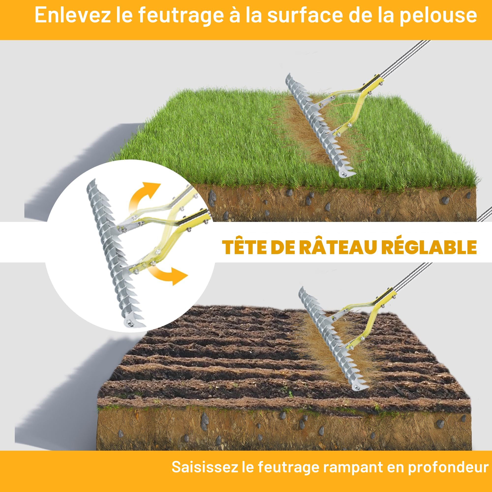 BARAYSTUS Scarificateur à Gazon, Râteau Déchaumeur à Chaume, Manche Réglable 148 cm, Dents Acier Carbone – Outil Multifonction pour Désherber et Aérer le Sol – Pelouse et Jardin
