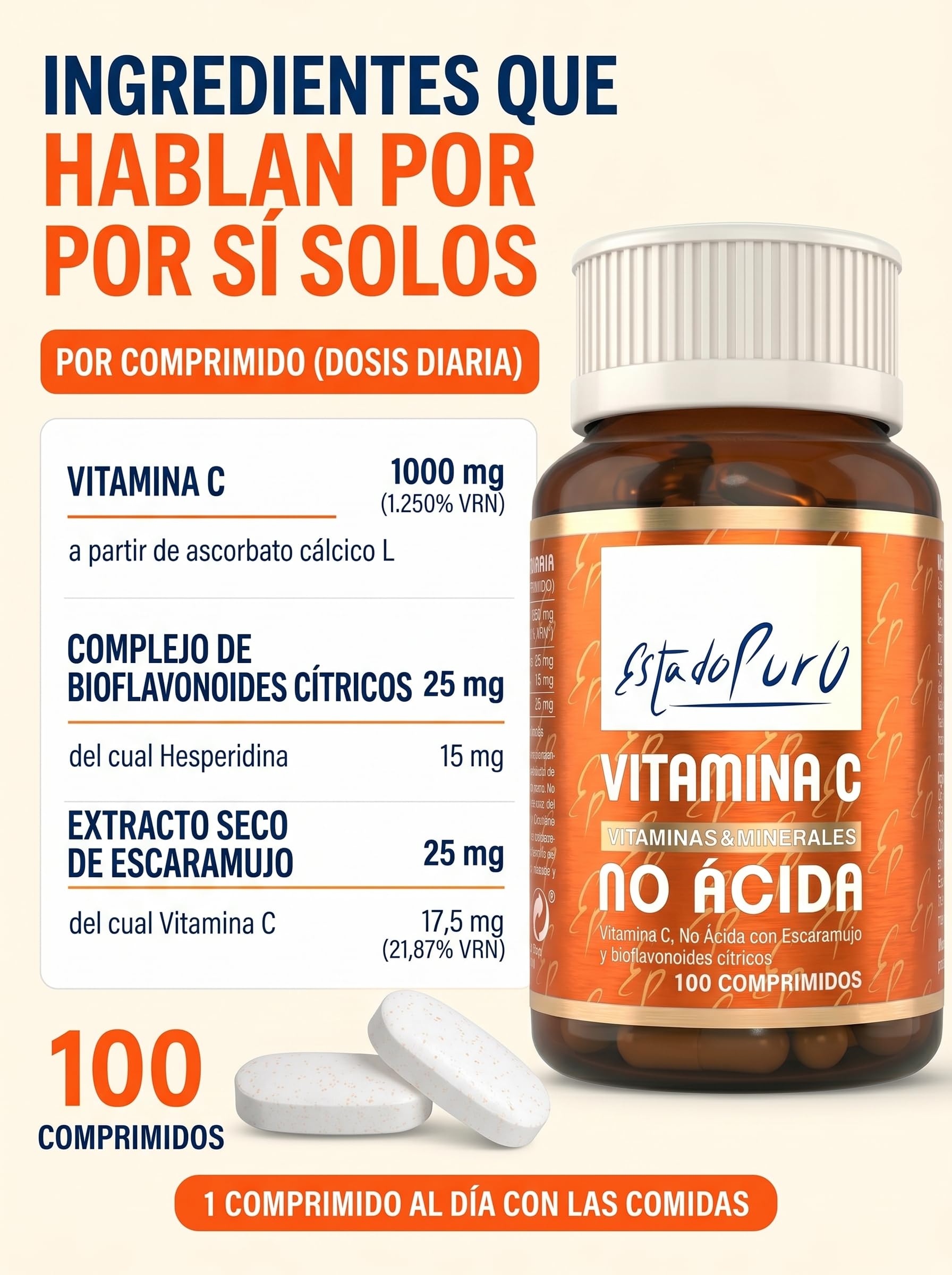Vitamina C 1000 mg Estado Puro | 100 Comprimidos con Escaramujo y Bioflavonoides Cítricos | Suministro para 3 Meses | Alta Absorción, Suave para el estómago | Vegana, Sin Gluten | Tongil (1)