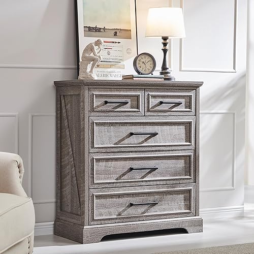Farmhouse 5 Drawer Dresser for Bedroom, 36 Inch Tall Modern Dresser Chest of Drawers, Rustic Wood Storgae Organizer with Large Drawers & Bar Handles for Bedroom, Living Room, Hallway, Grey
