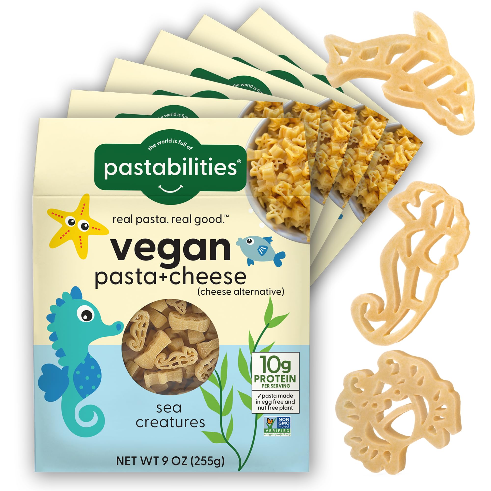 Pastabilities Vegan Mac and Cheese for Kids (& adults) - Under the Sea - Fun Shapes Sea Creatures, Family Size – Serves 4, Certified non GMO Pasta and Cheese Mix, Made in the USA, (6 Pack, 9 Oz)