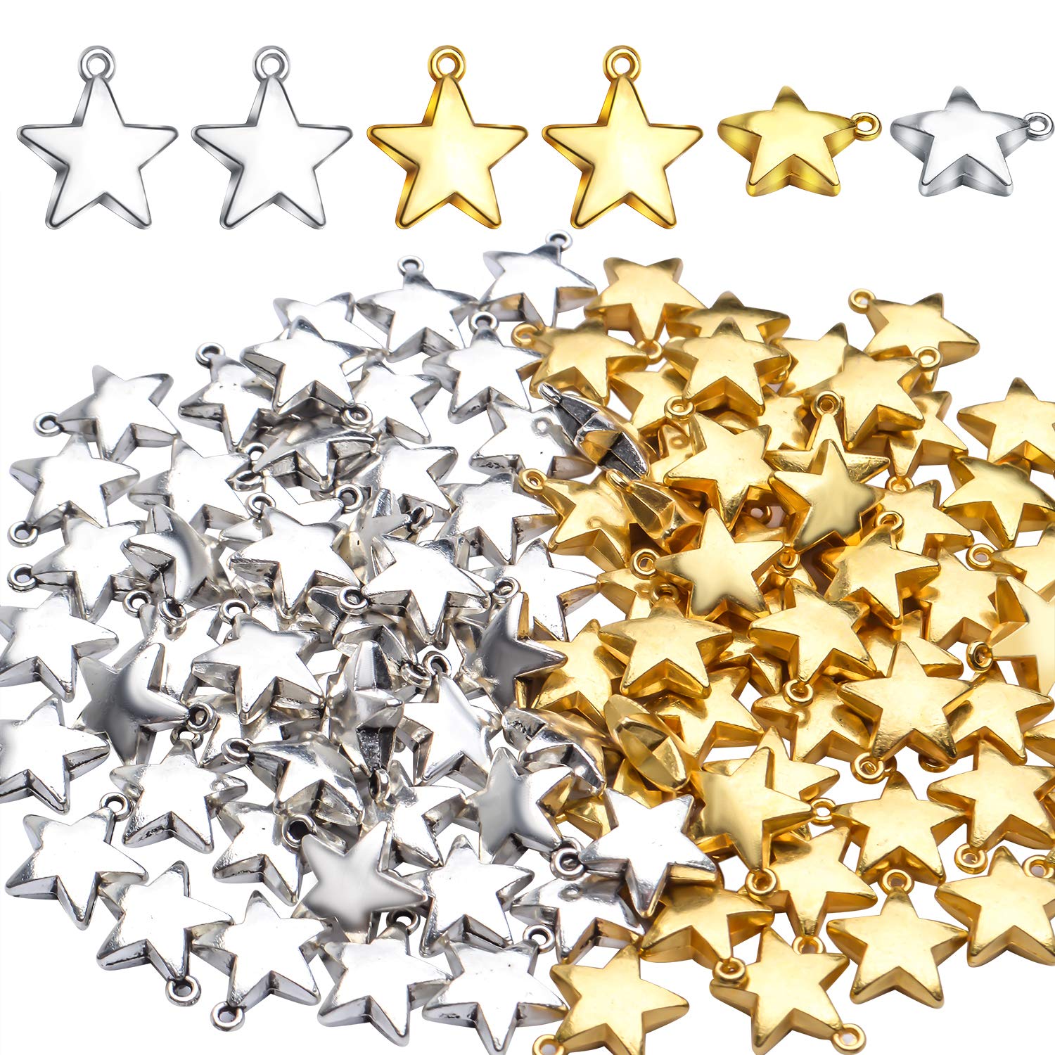 Star Pendant Charms, 100pcs Mini Five-Pointed Star Charms Tibetan Style Blank Stamping Star Shape Pendant for DIY Jewelry Making Crafting, Golden and Antique Silver, 11x10x4mm