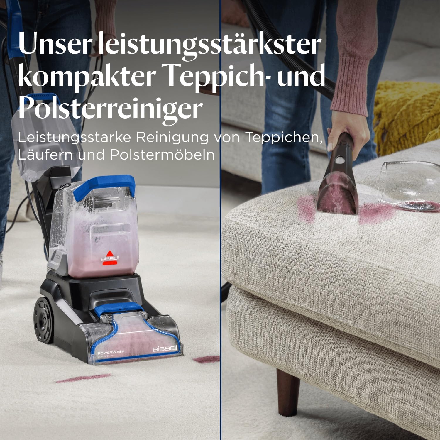 BISSELL PowerWash Compact Pet, Kompakter Upright- Teppichreiniger und Polsterreiniger für Haustierflecken,Fleckenreinigung auf mehreren Oberflächen, Abnehmbare Zubehörteile, 600W, Mit Kabel, 4058N