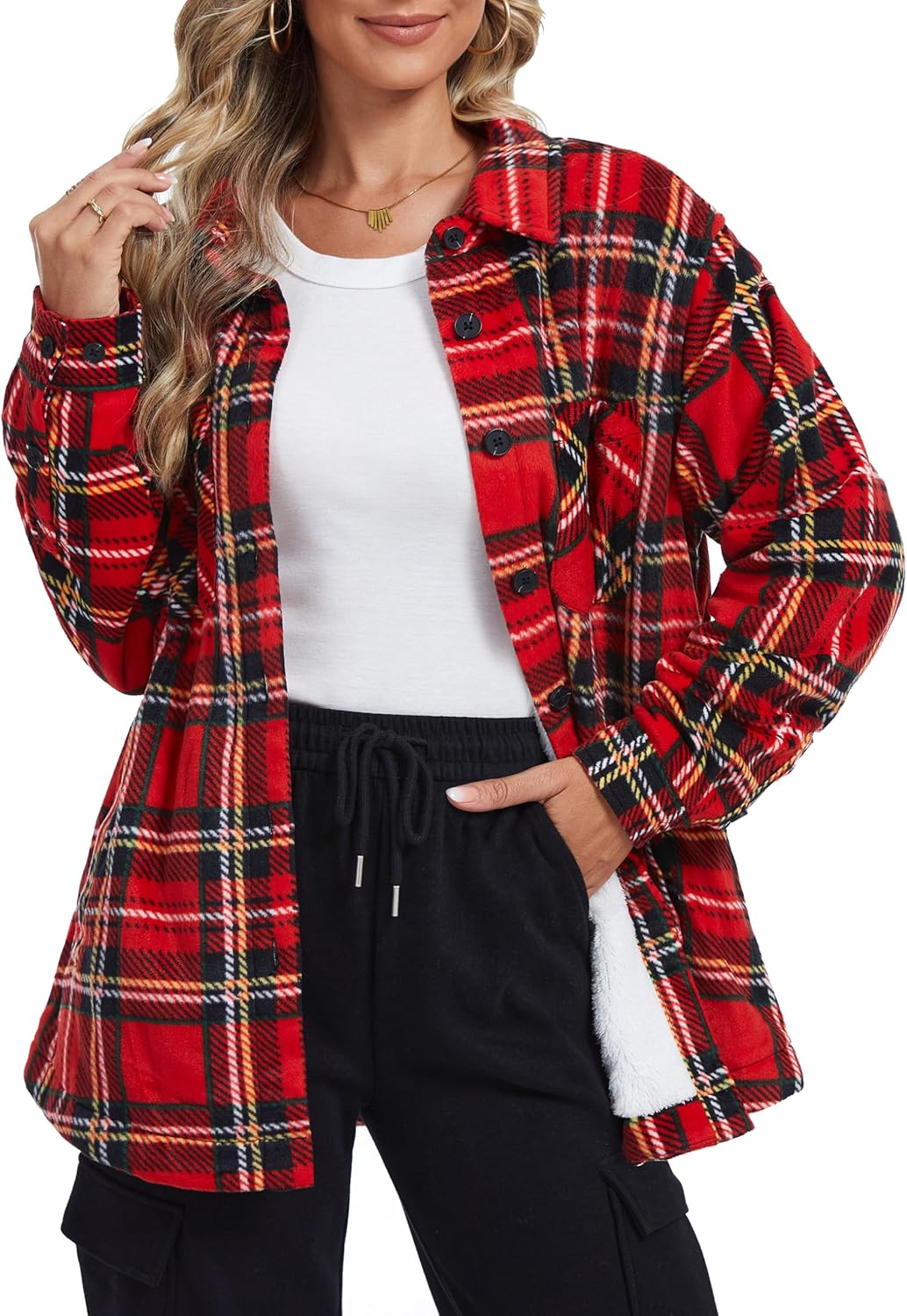 YUCOLEN Women's Sherpa Fleece Lined Plaid Flannel Jacket Warm Button Down Winter Flannel Shirt Jacket Coat with Pockets