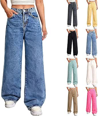 Baggy Jeans Damen High Waist Jeanshose Weites Bein Hose Vintage Cargohose Sommer Palazzo Hose Straight Leg Freizeithose Leichte Sommerhose Einfarbig Denim Stoffhose Hip Hop Outfit Y2K Damenjeans
