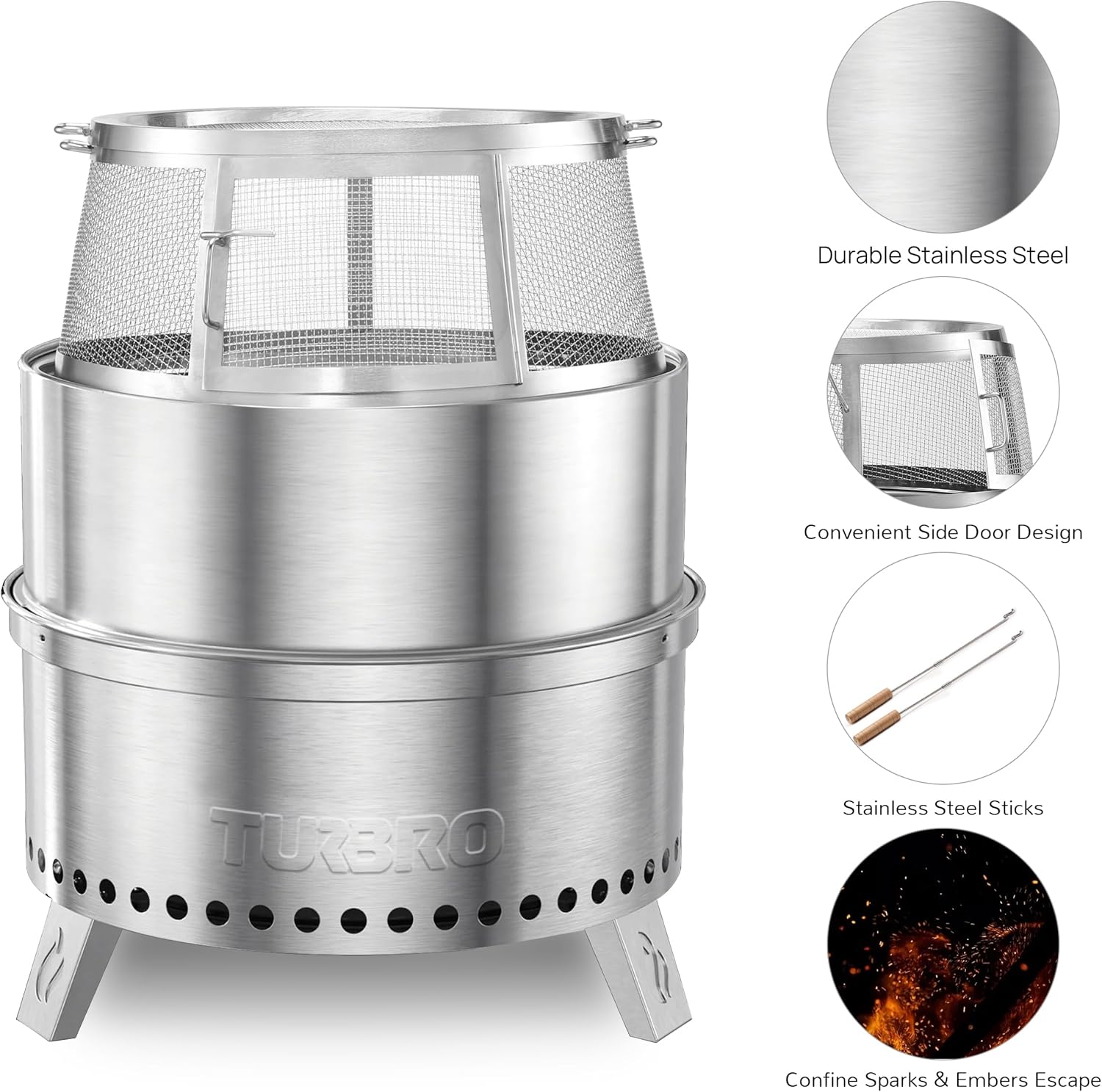 TURBRO Stainless Steel Shield, Fire Pit Spark Cover, Shield Screen with Sticks for Backyard, Camping and Outdoor Fire Pits, Accessory for 19 in. Fire Pit, Pluto R19