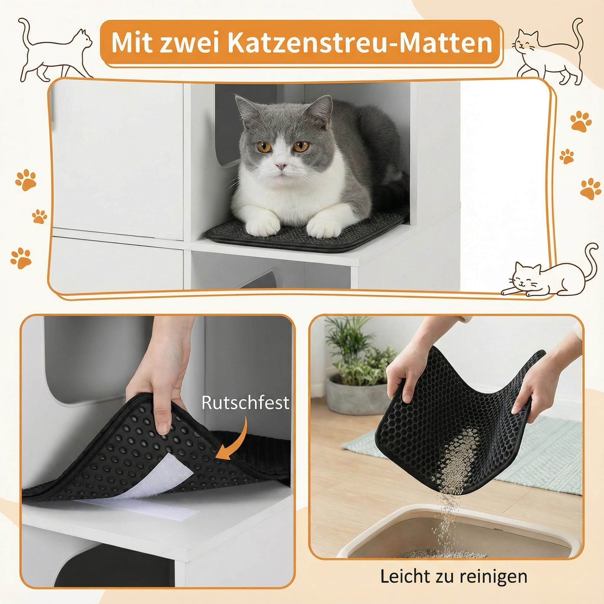Katzenklo Schrank für 2 Katzen, Katzentoilette Schrank Zweistöckiger, Katzenklo Haus, Katzenhöhle Holz, mit Zwei Katzenstreu-Matten, 80 x 46.5 x 91.5 cm, Weiß