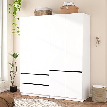 Armoire Wardrobe Closet with Drawers75" Large White Wardrobe Closet Cabinet with 4 Doors for Hanging Clothes, Modern Wooden Bedroom Armoires with 2 Drawers and Storage A+C, 63"