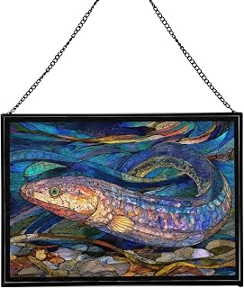 Electric EEL Ocean Animal Stained Glass Suncatcher – Rectangular Hanging Window Panel with Underwater Scene – Glass Art Gift for Coastal Decor and Sea Lovers, Christmas, Halloween oDzhN1