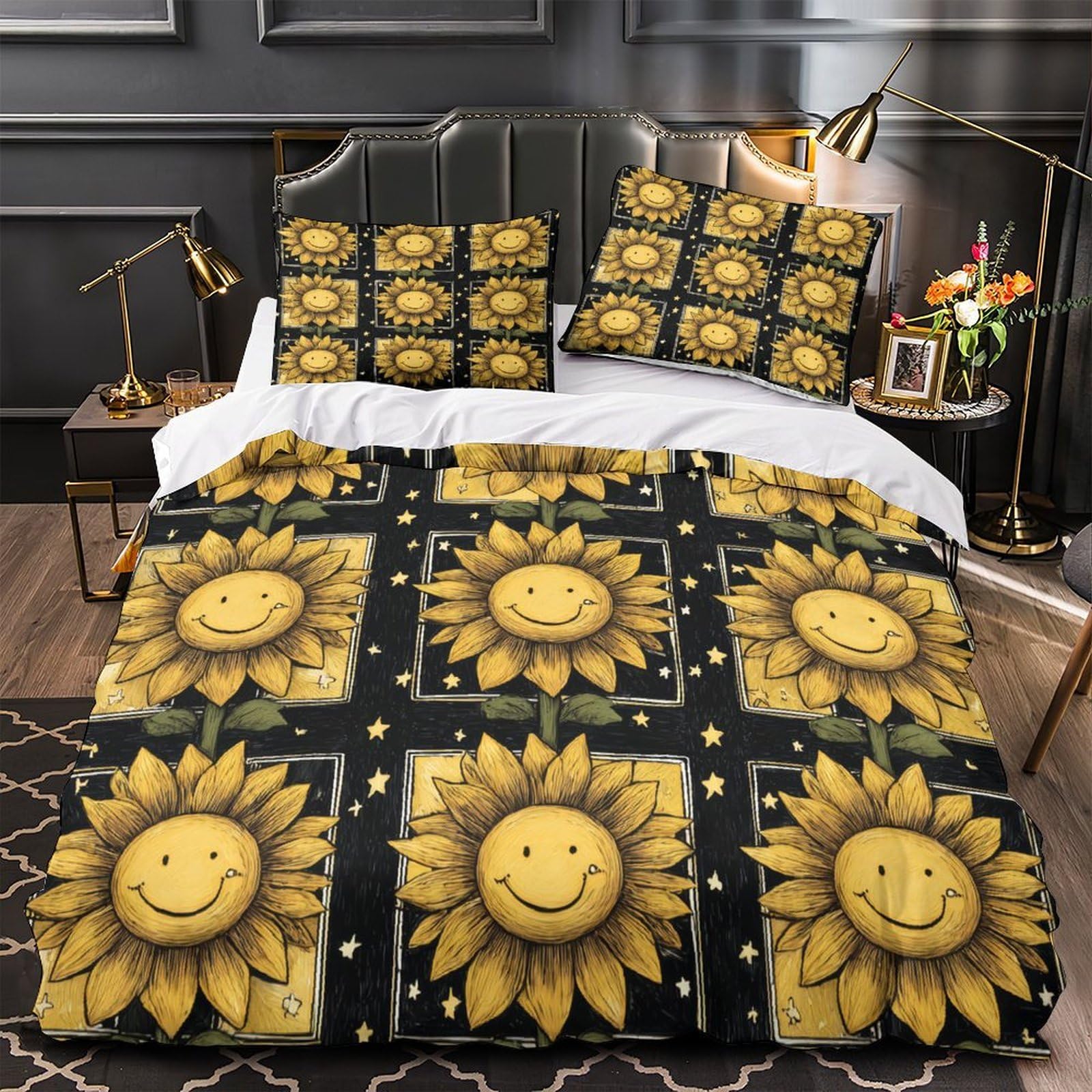 Housse de couette smiley tournesol lit simple 135x200 en microfibre