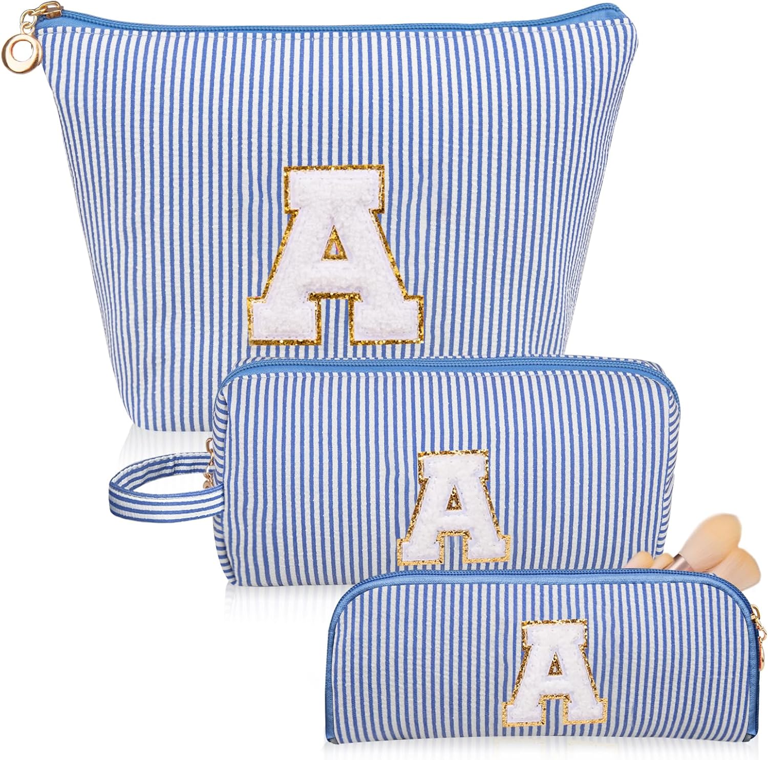 Junesters Initials Makeup Bag Set, Personalized Blue Cosmetic Bag, Cute Large Make up Bags, Travel Toiletry Bag for Women Girl Gifts A (Blue)