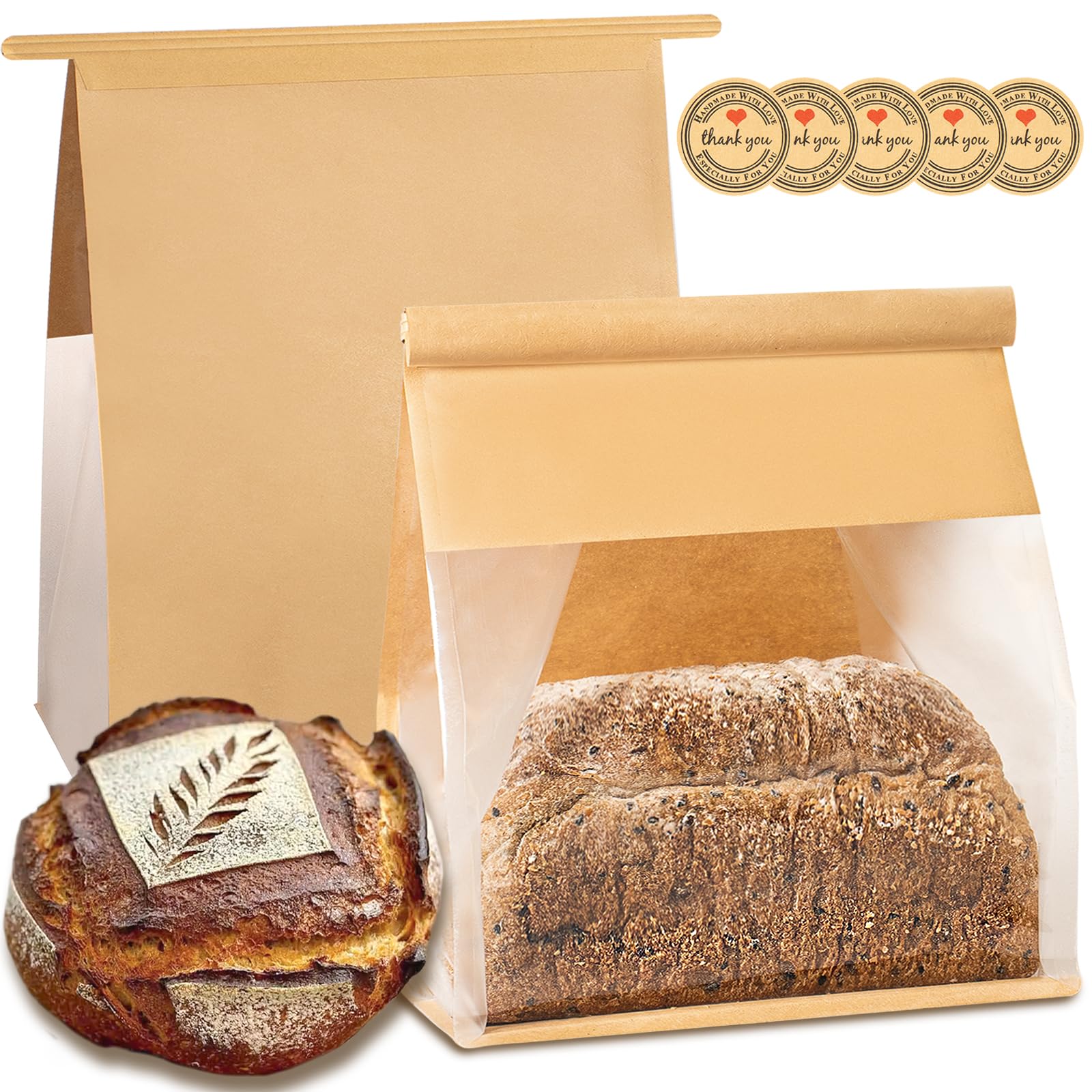 Heavy Duty Large Paper Bread Bags with Tin Tie Tab Lock 50pcs, Loaf Bag with Clear Front Window, Storage Packaging Treat Bag for Bakery Cafe Homemade Bread 10.6” × 4.3” × 8.7”