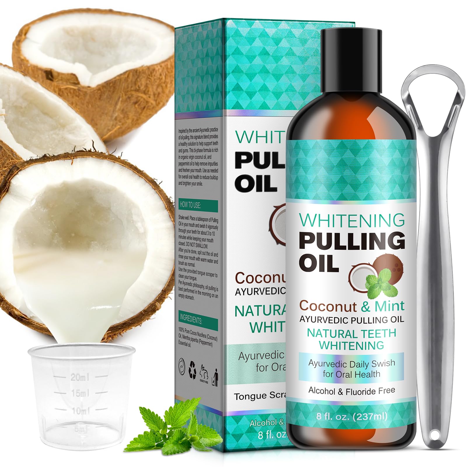 Huile de noix de coco (8 Fl.Oz), rince-bouche à l'huile de menthe avec grattoir à langue - naturelle et sans alcool pour les dents pour aider à une haleine fraîche, au blanchiment des dents