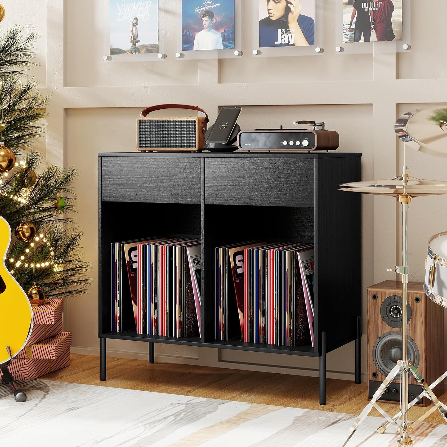 LOKO Large Record Player Stand with Charging Station, Vinyl Record Holder with Storage Compartments & 2 Drawers, Turntable Display Stand with Metal Legs for Living Room, Bedroom, Office (Black)