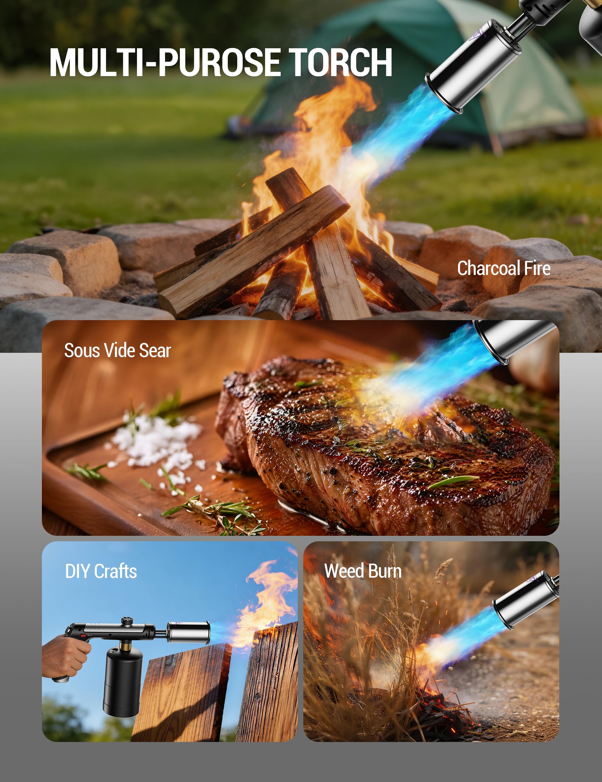 ThermoMaven Torche au propane avec feu One-Touch Max, pistolet de cuisson avec verrou de sécurité, briquet à charbon, lanceur de flamme, tête de torche de cuisine pour grill, sous vide, barbecue