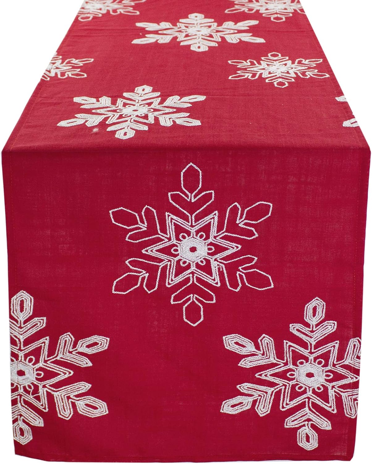 Fennco Styles Embroidered White Snowflake Christmas Table Runner 16 x 70 Inch - Red Table Cover for Holiday Décor, Dinner Party, Banquets and Special Occasion