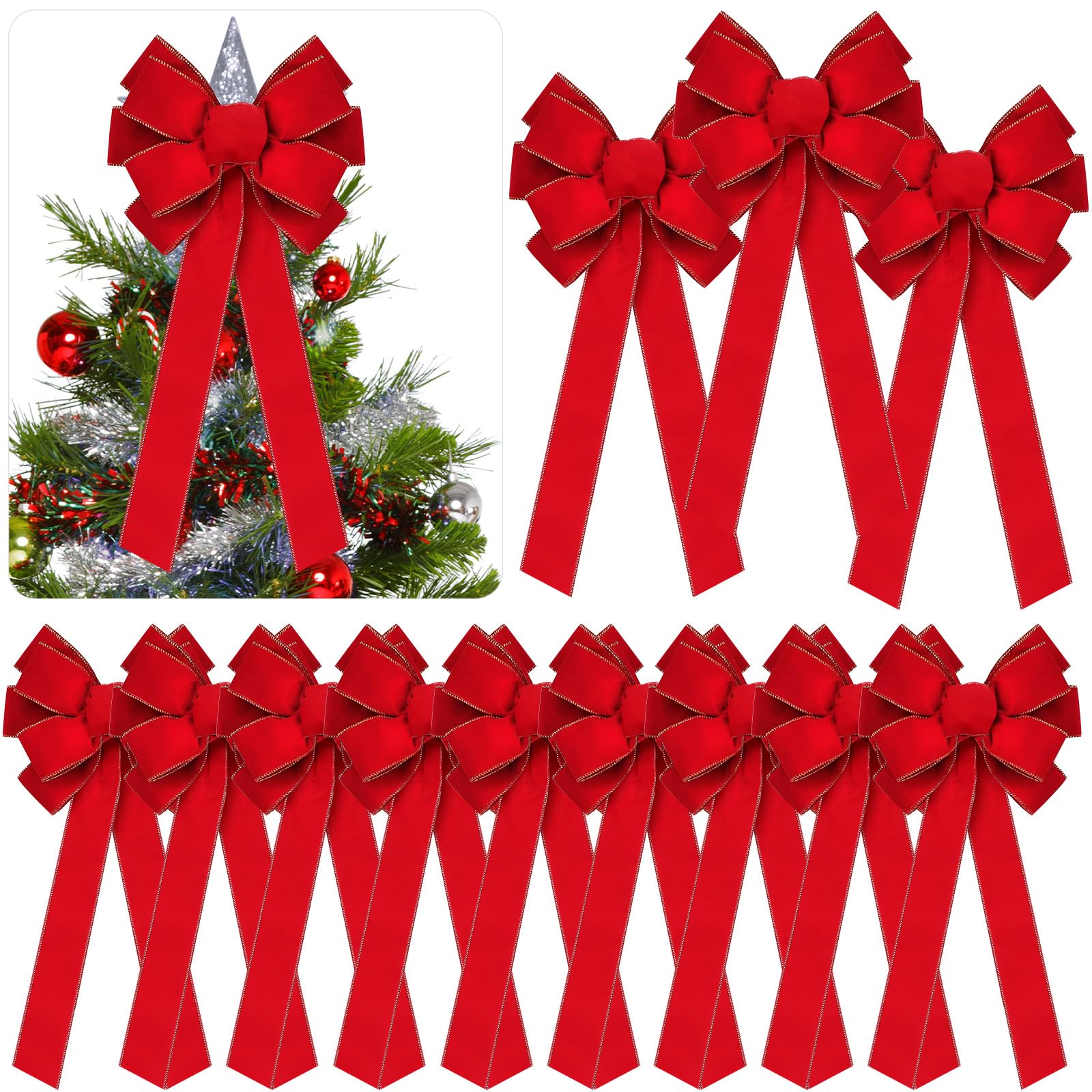 Yinkin 6 Pcs Extra Large Christmas Red Bows 15 x 44 inch and Big 10 x 26 inch Red Bow with Gold Edge Handmade Velvet Wreath Bow for Xmas Home Front Door Tree Topper Indoor Outdoor Gift Wrapping Decor