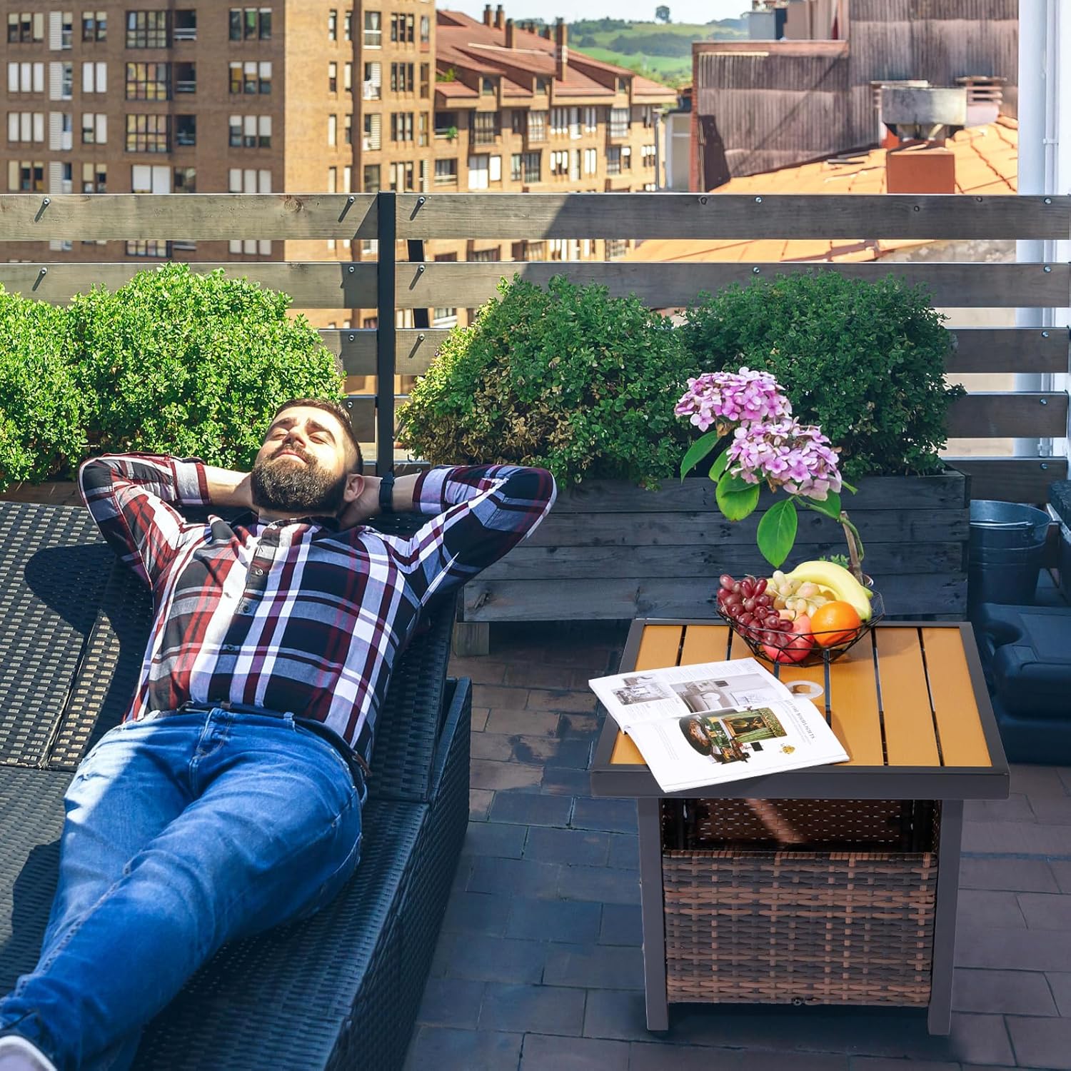 Generic Outdoor Wicker Side Table with Umbrella Hole & Storage Space, Square PE Rattan End Table for Patio Garden Poolside Deck, Brown