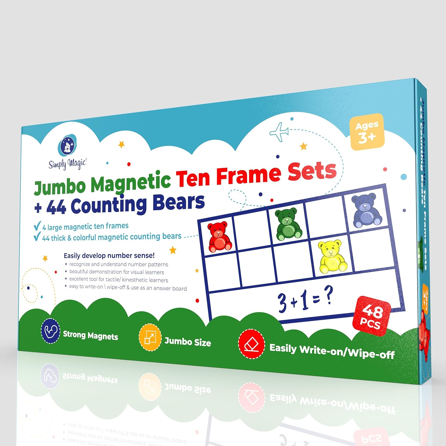 130 PCS Jumbo Magnetic Ten Frames Activity Set with Counting Bears, Math Manipulatives for Kindergarten, PreK, Preschool, Counting Bears Class Set, Math Counters Games for Kids, Homeschool Supplies