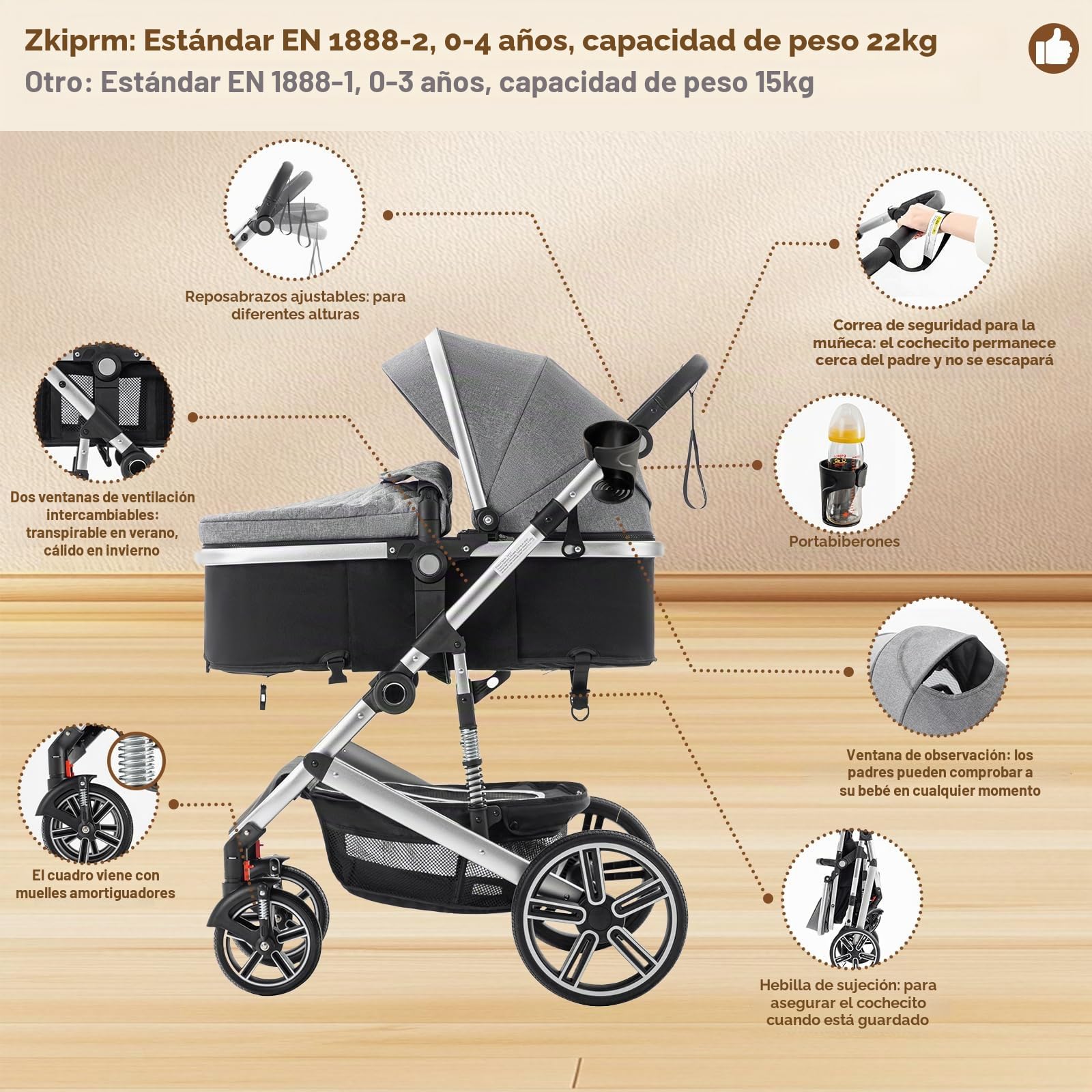Zkiprm Cochecito de bebé 3 en 1 con sistema de viaje, cochecito y asiento de coche, cochecito con asa ajustable en altura, con mosquitera, viaje con marco de aluminio