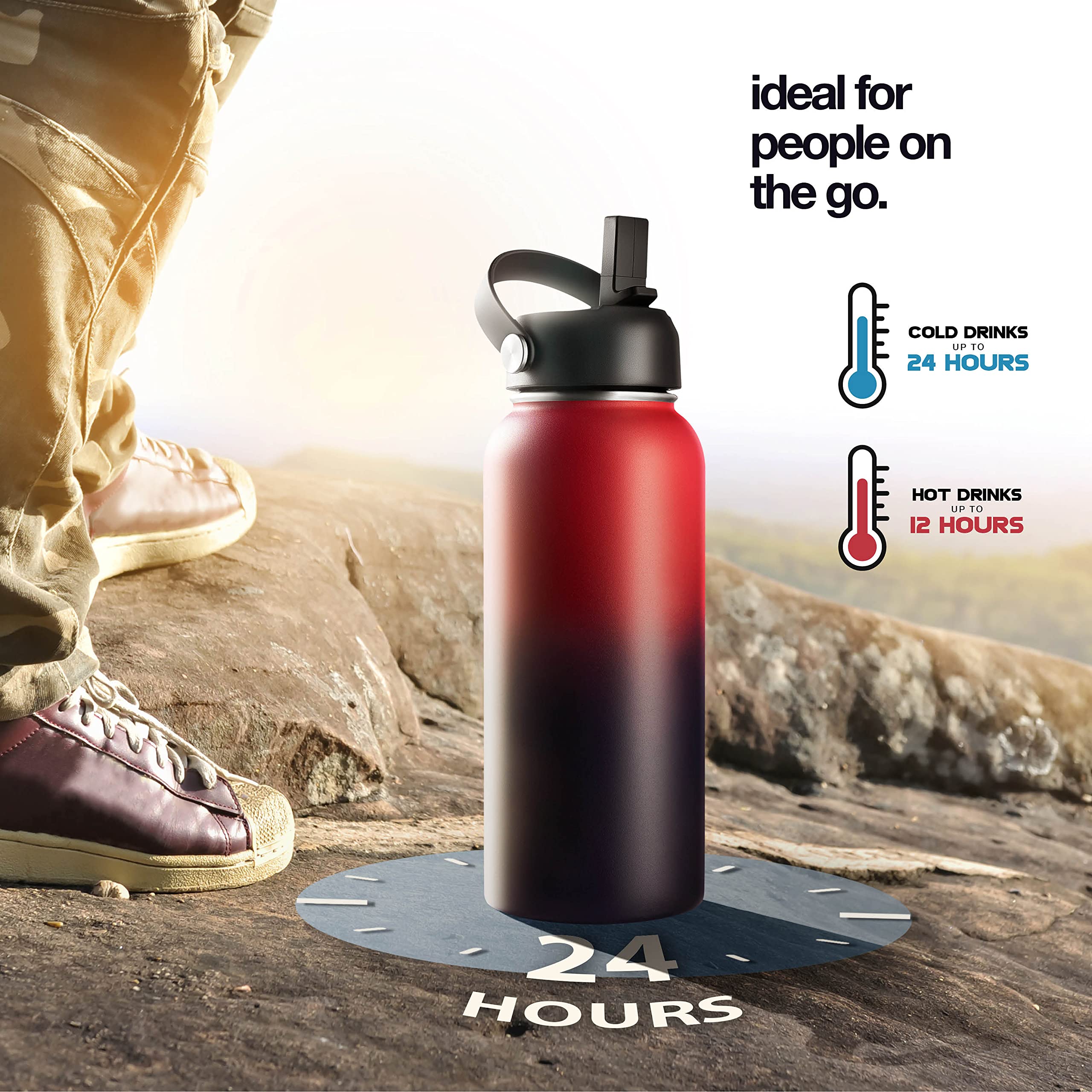 Botella deportiva de acero inoxidable y taza de viaje para bebidas frías y calientes, boca ancha, botella de agua deportiva con aislamiento de doble pared para senderismo, ciclismo y