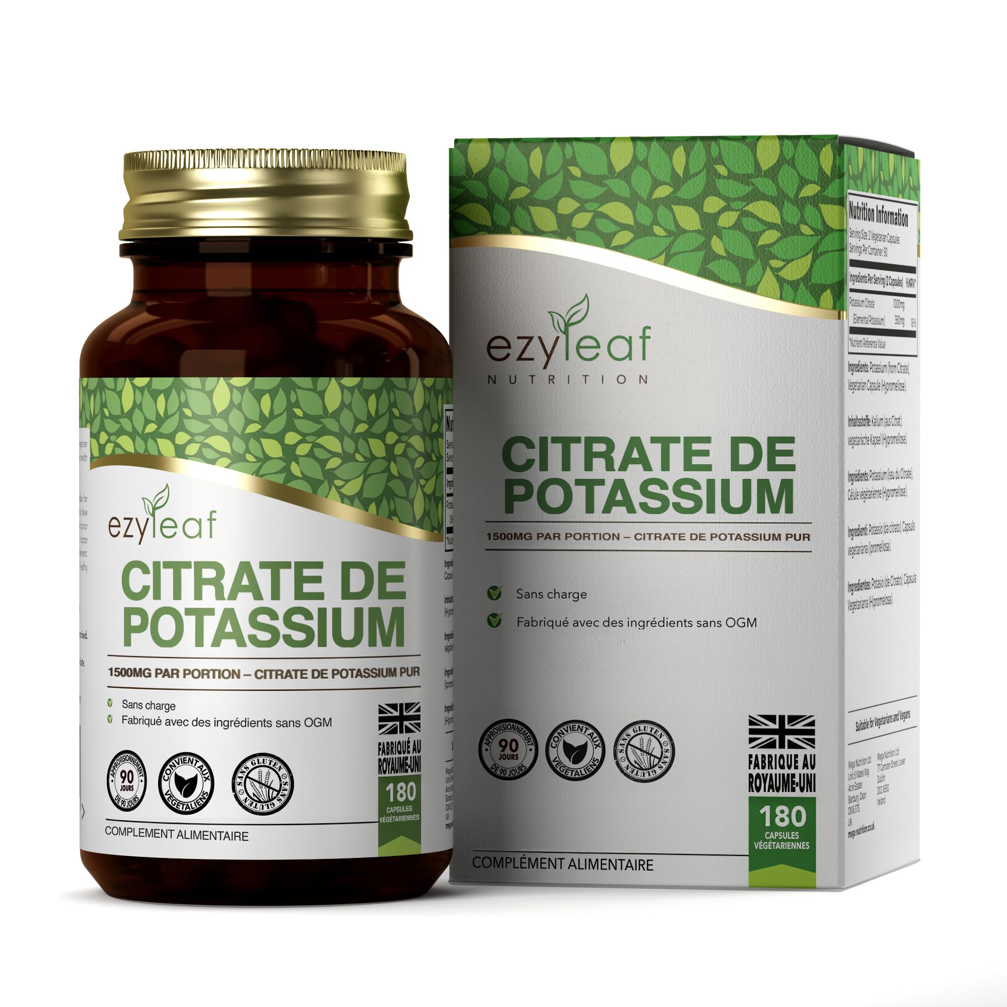 Ezyleaf Citrate de Potassium | 180 Capsules de Potassium à Haute Teneur - 1000mg de Potasium Citrate par Portion | Pas de charges Sans OGM Sans Gluten Sans Produit Laitier Sans Allergène
