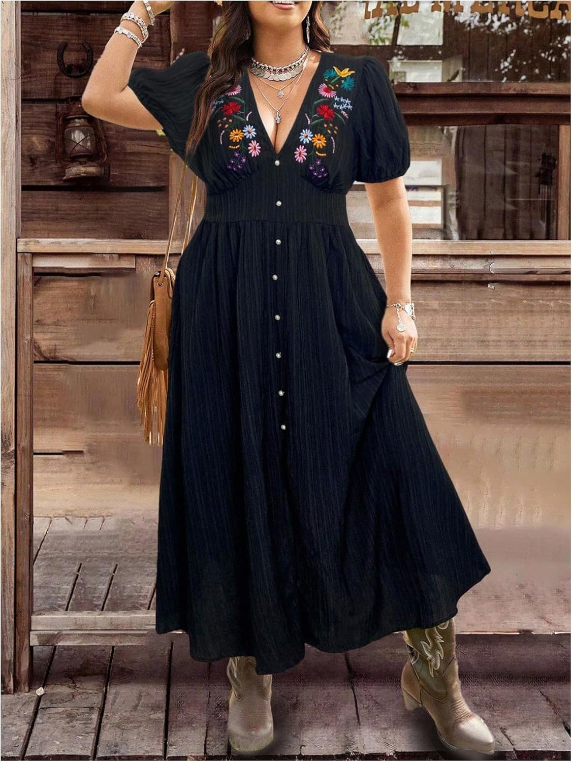 Women's Plus Size Boho Floral Embroidered Dress Western Cowgirl Outfits Country Summer Voaction Flowy Dress - Image 3
