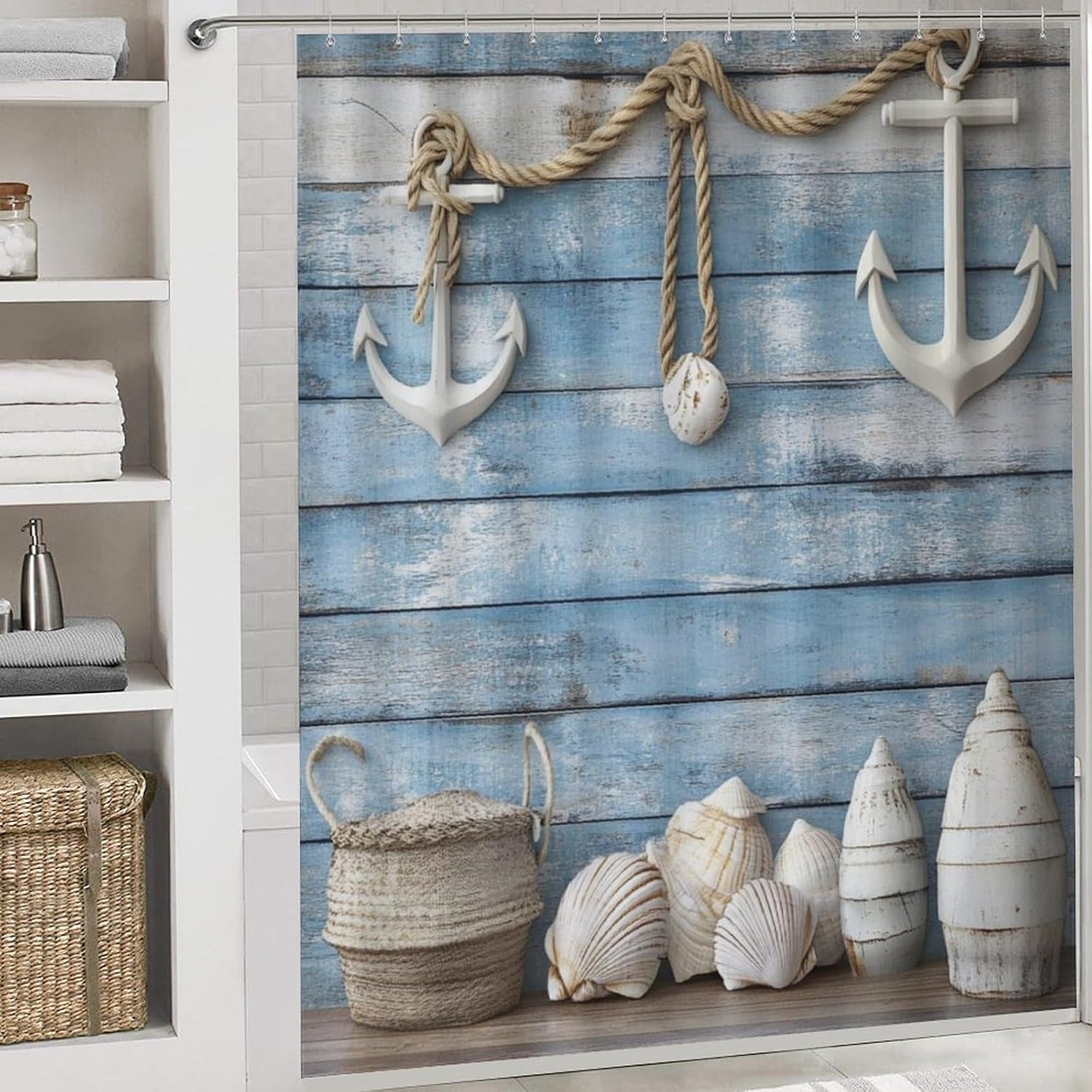 4Pcs Retro Wooden Board Anchor Shower Curtain Sets, 4pcs Ocean Nautical Conch Shower Curtains for Bathroom with Rugs, Toilet Lid Cover, Bath Mat, 72" x 72"