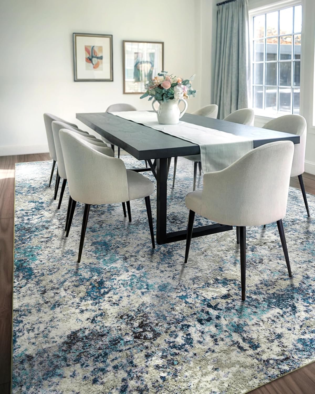 Washable Area Rug for Living Room: 6x9 Modern Abstract Neutral Soft Rug for Bedroom Dining Room No Slip Low Pile Carpet for Nursery Home Office - Grey/Blue image 3