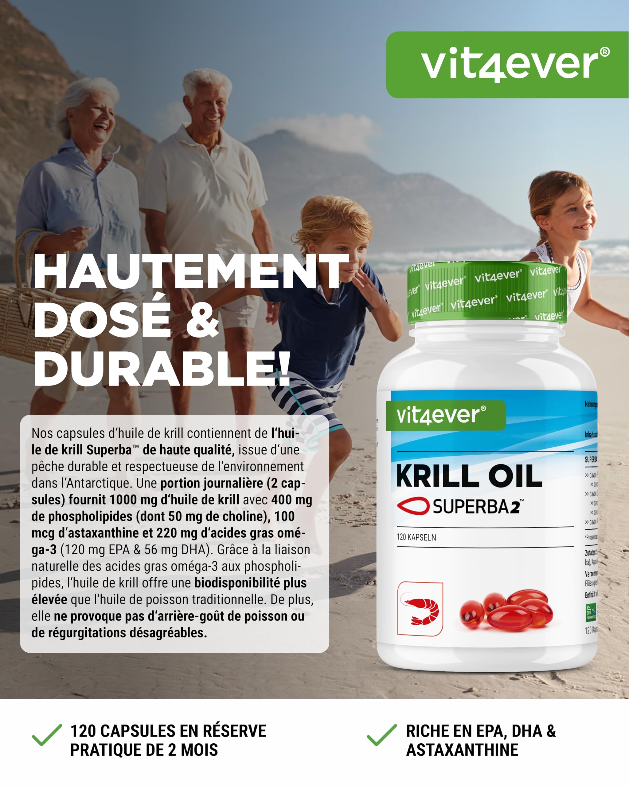 Huile de Krill - 120 Capsules - Premium : Huile de Krill de l'Antarctique Superba - Riche en EPA + DHA + Astaxanthine + Phospholipides + Acides Gras Oméga 3 - De Culture Durable