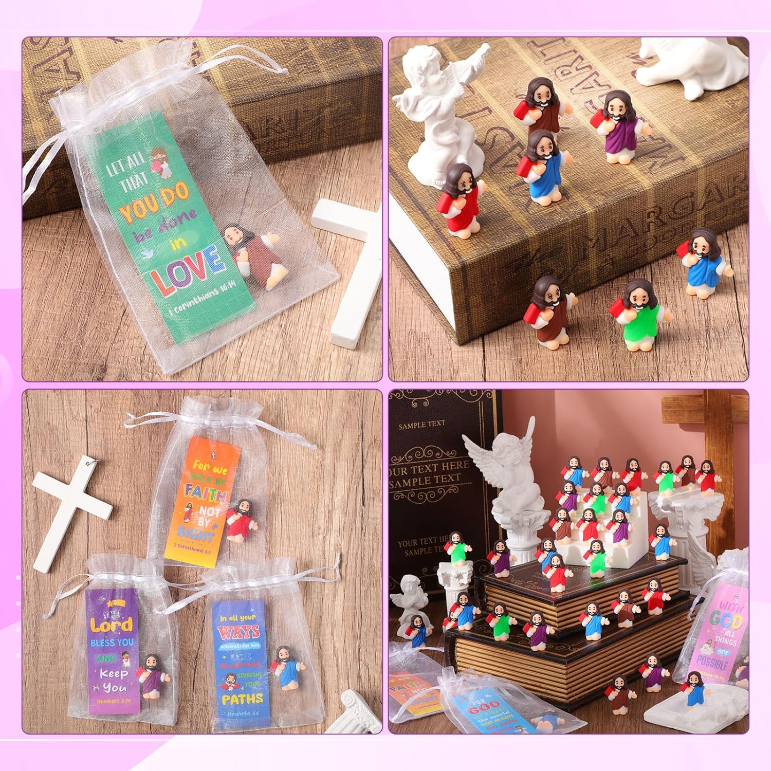 Barydat 50 Sets Mini Jesus Figures with Bible Verse Cards & Organza Bags for Christian Gifts Bulk Easter Sunday School Baptism First Communion VBS Gifts Religious Party Favors(Bible-Holding Style)